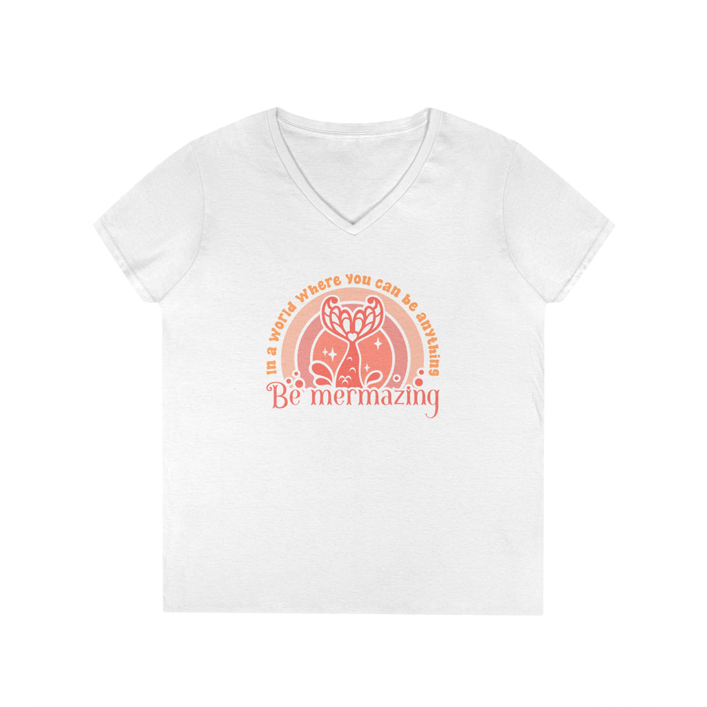 Mermaid Themed Ladies' V-Neck T-Shirt - Be Mermazing Inspirational Top, Casual Wear, Gift for Mermaid Lovers, Summer Fashion, Motivational Tee