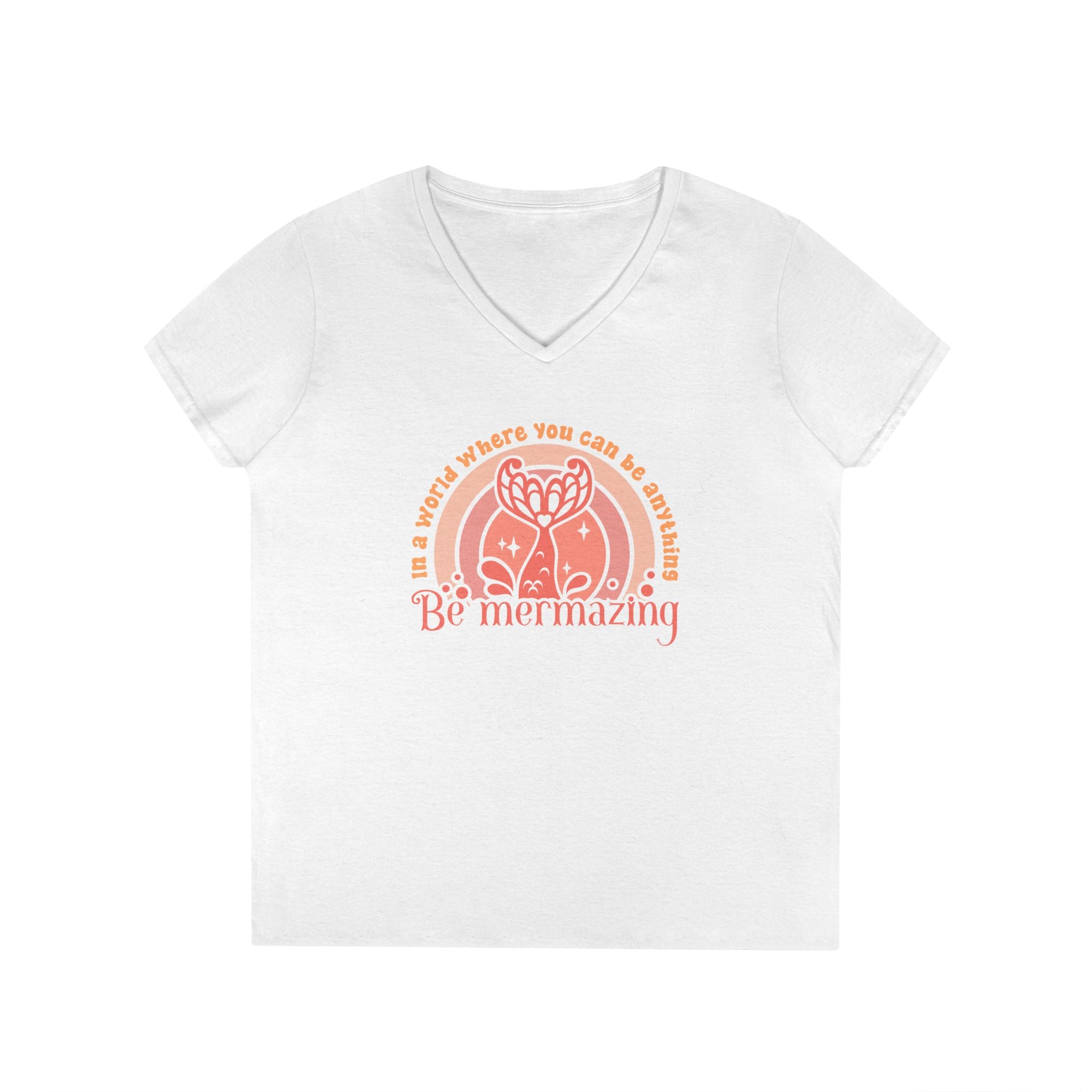 Mermaid Themed Ladies' V-Neck T-Shirt - Be Mermazing Inspirational Top, Casual Wear, Gift for Mermaid Lovers, Summer Fashion, Motivational Tee