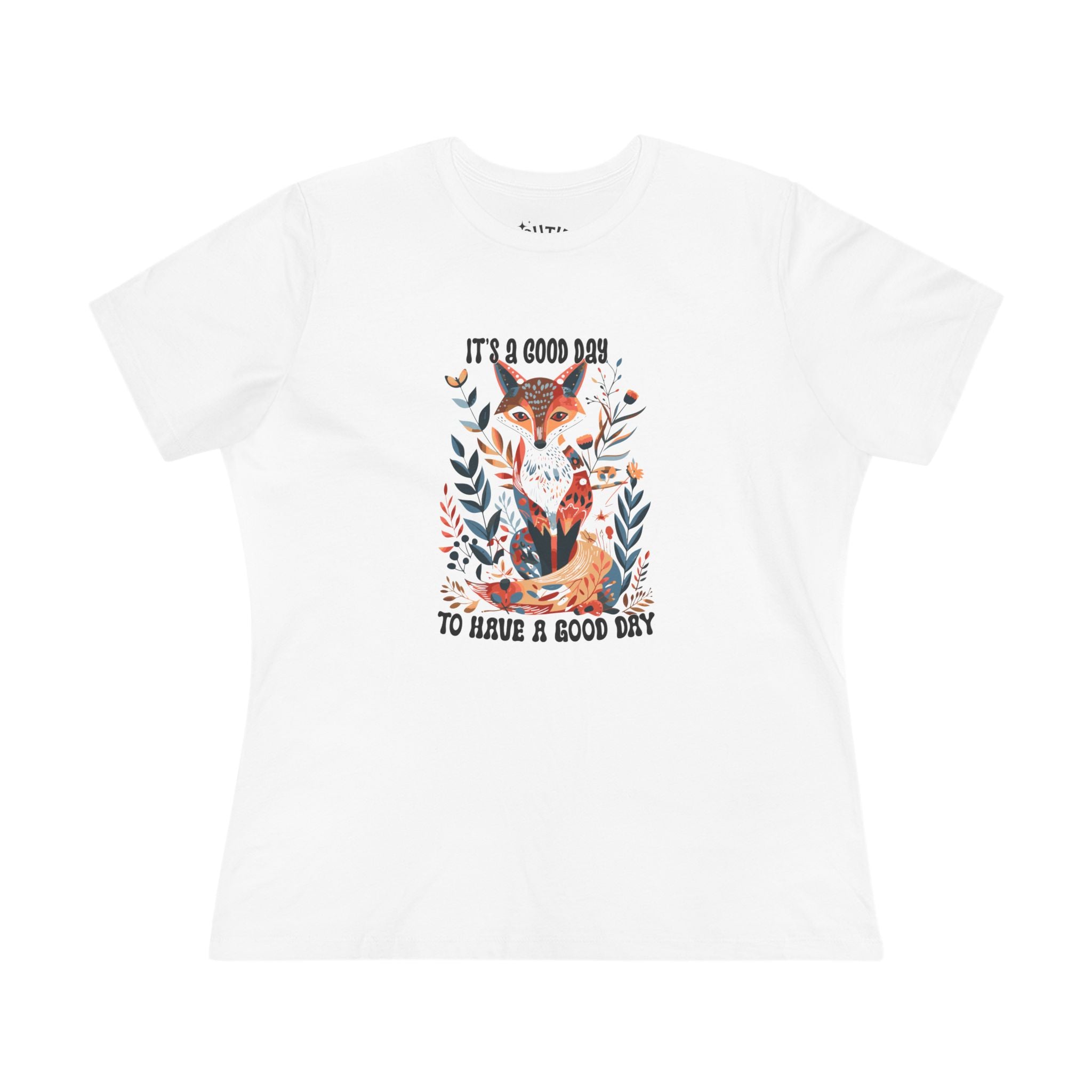 Good Day Flower and Fox Women's Cotton Tee, Cute Graphic Shirt, Gift for Her, Summer Style, Positive Vibes Tee, Casual Outfit