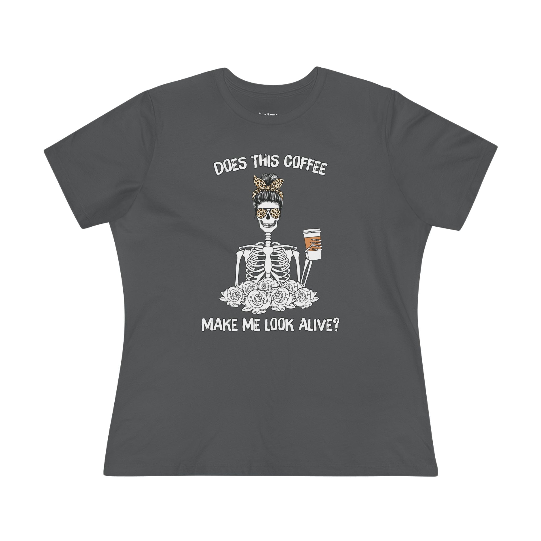 Does This Coffee Make Me Look Alive? Humorous Coffee-Themed Women's Cotton Tee - Funny Tee, Gift for Coffee Lovers, Halloween Shirt, Quirky Casual Wear, Everyday Humor Apparel