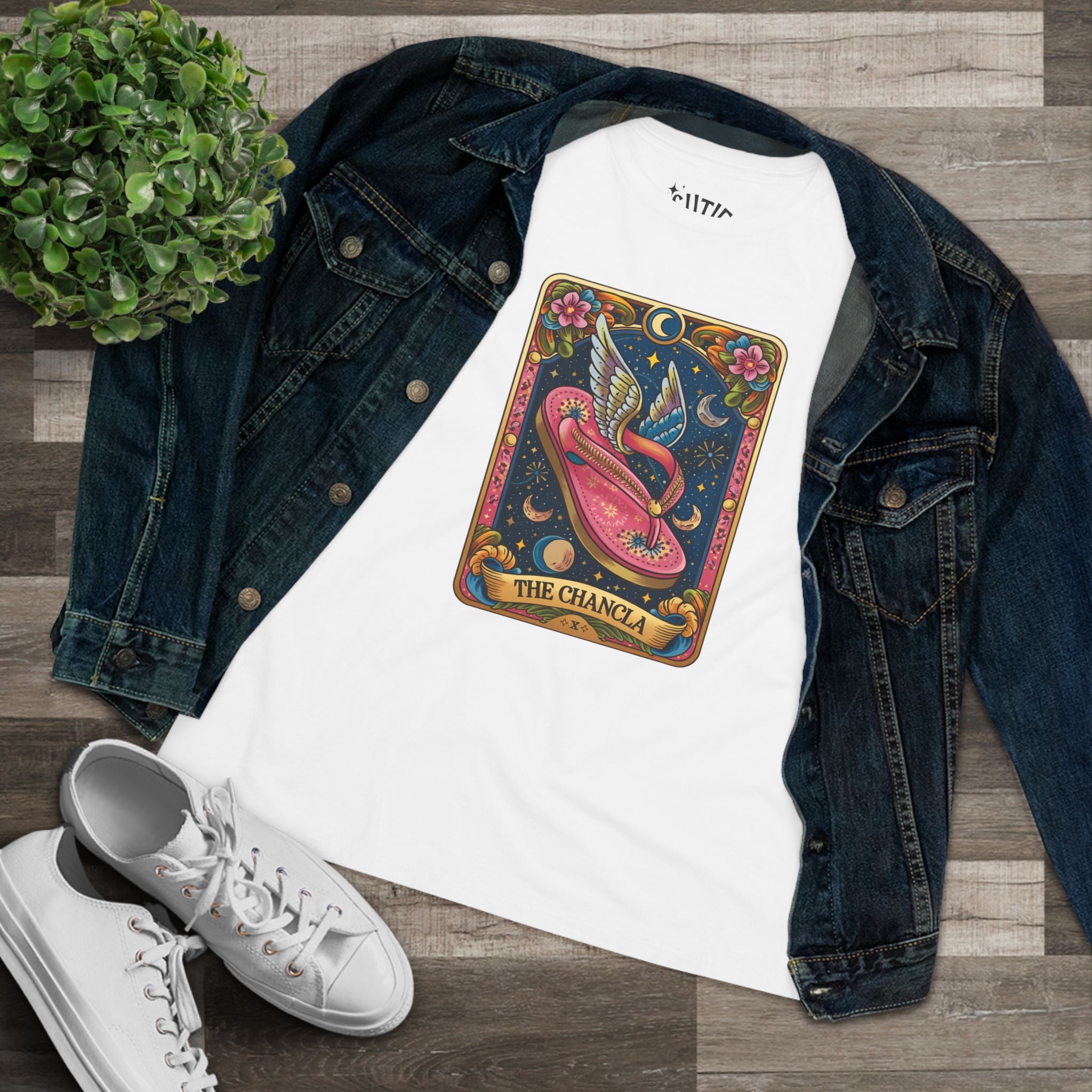 The Chancla Tarot Card Women's Cotton Tee - Boho Funny Winged Sandal Shirt