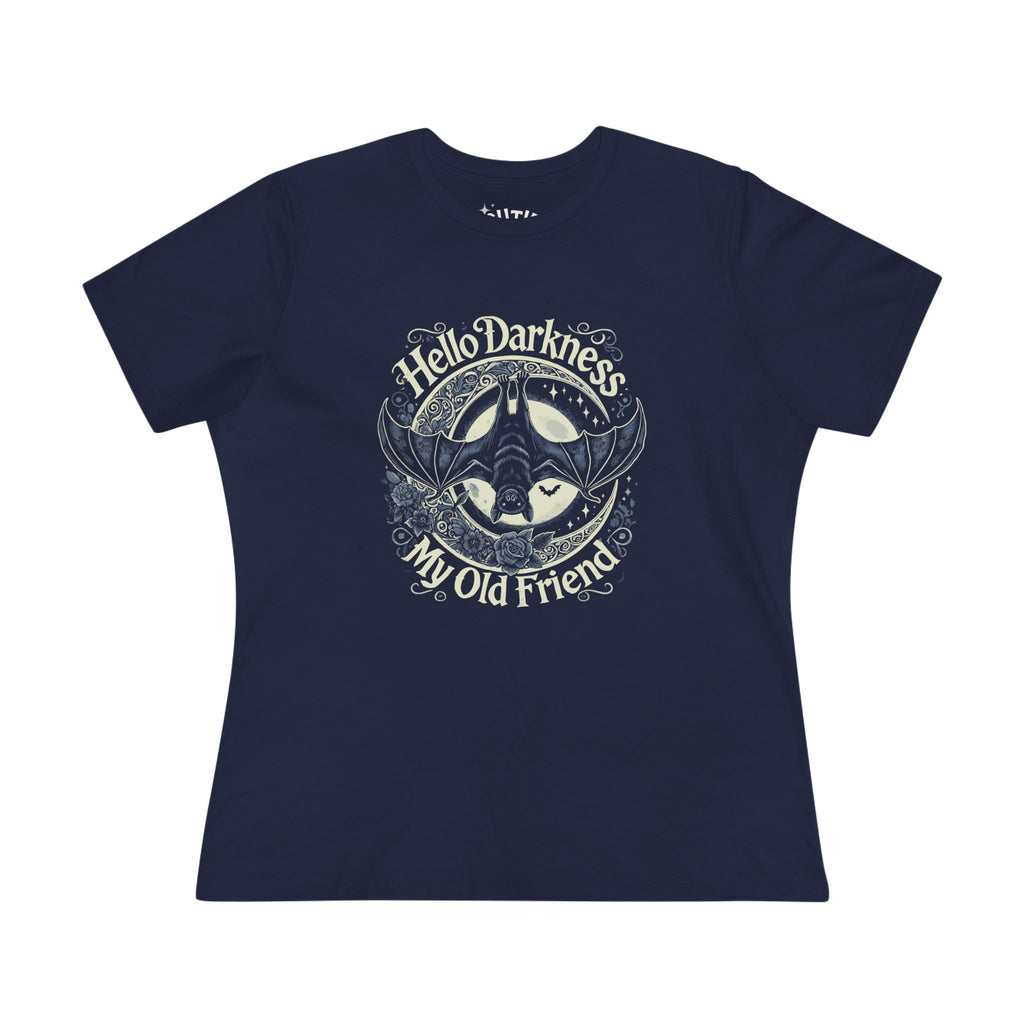 Bat Hello Darkness Dark Humor Women's Cotton Tee, Funny Graphic Top, My Old Friend Shirt, Gift for Music Lovers, Casual Wear for Any Occasion