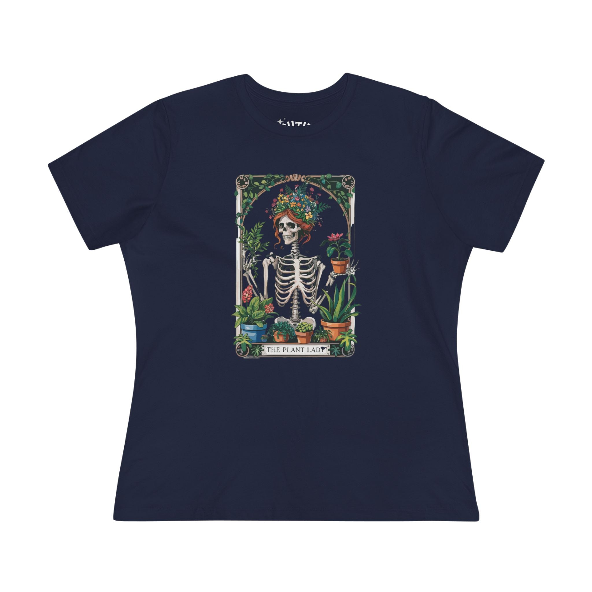Plant Lady Floral Skeleton Tarot Card Tee, Boho Chic Women's Cotton Tee, Plant Lover T-Shirt, Gifts for Gardeners, Eco-friendly Apparel
