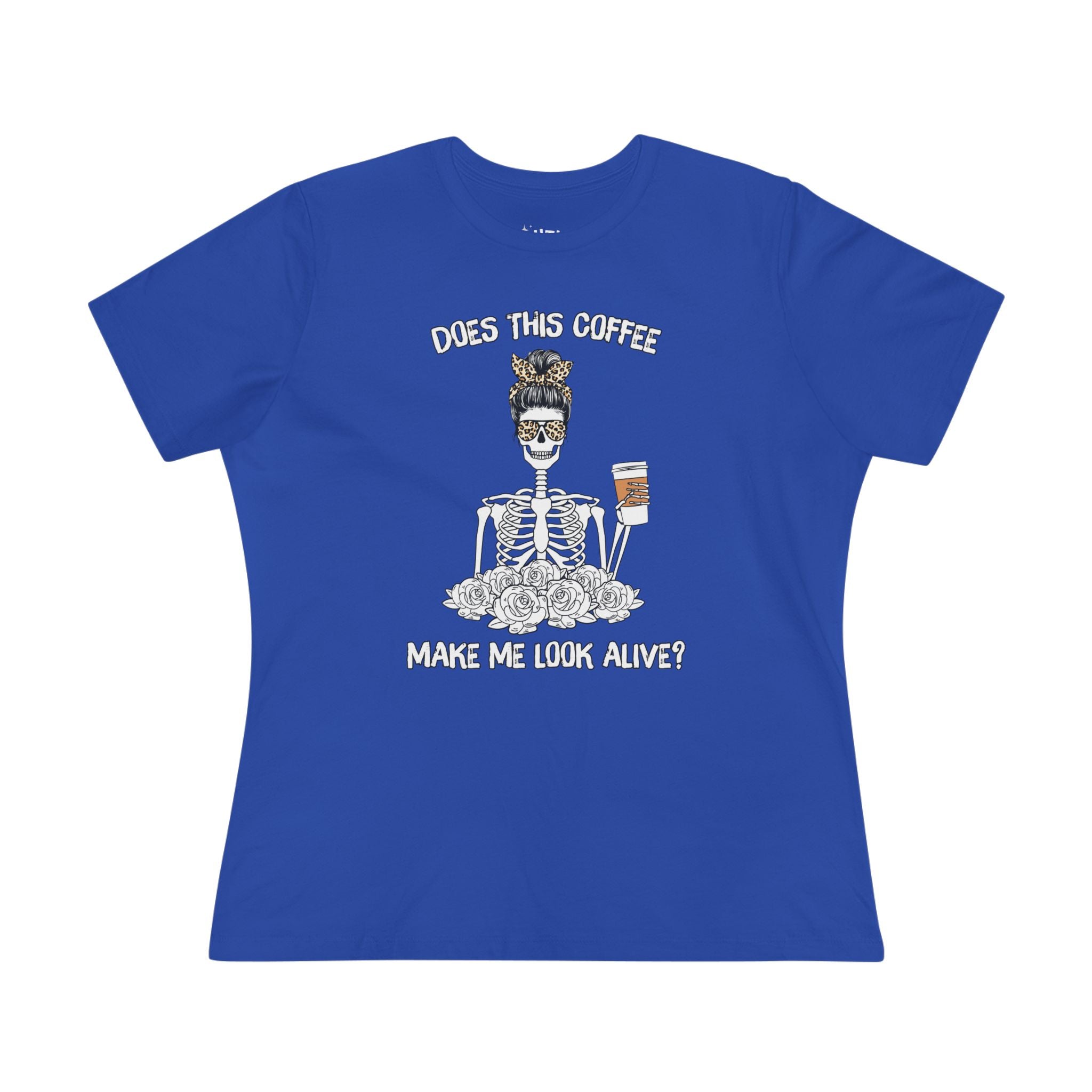 Does This Coffee Make Me Look Alive? Humorous Coffee-Themed Women's Cotton Tee - Funny Tee, Gift for Coffee Lovers, Halloween Shirt, Quirky Casual Wear, Everyday Humor Apparel