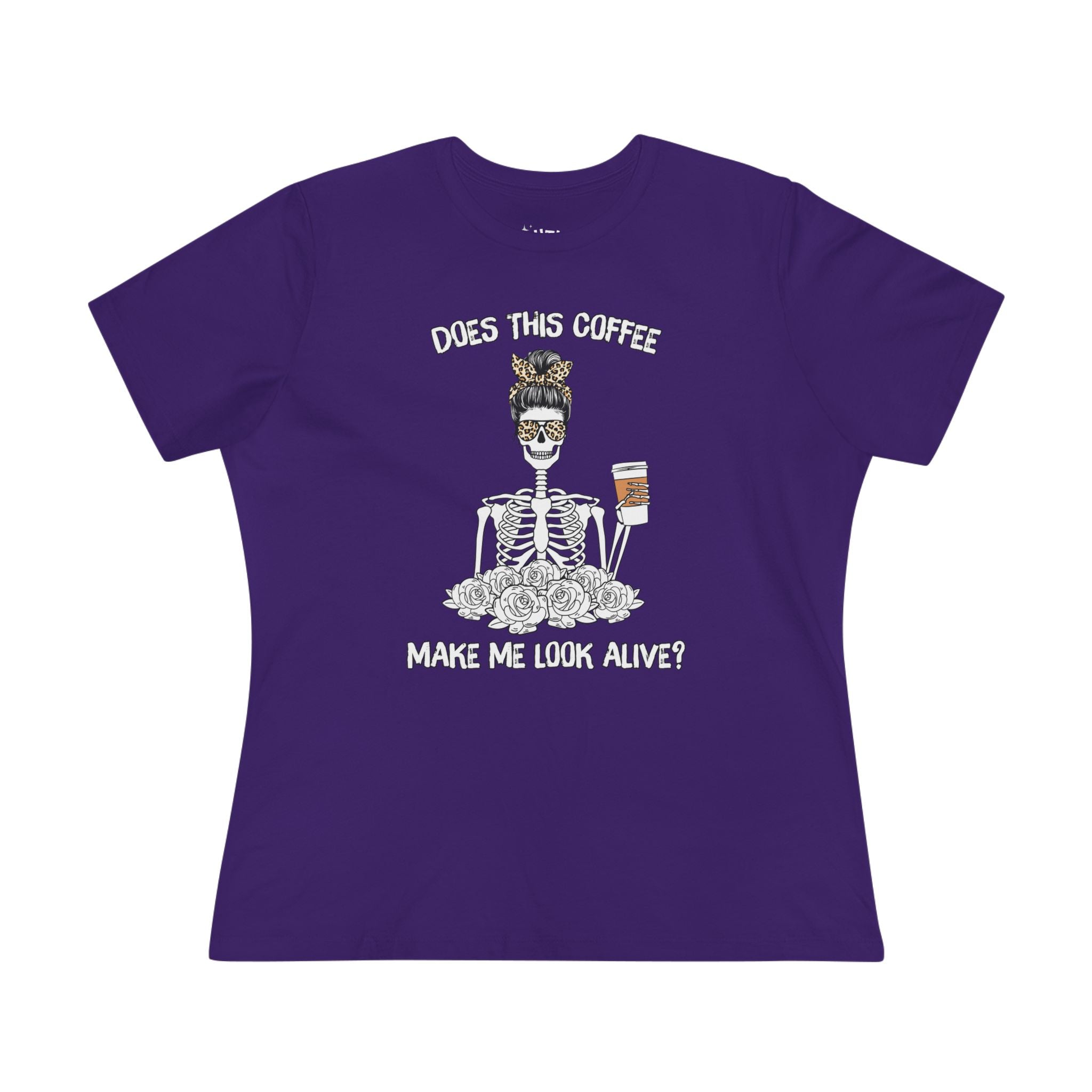 Does This Coffee Make Me Look Alive? Humorous Coffee-Themed Women's Cotton Tee - Funny Tee, Gift for Coffee Lovers, Halloween Shirt, Quirky Casual Wear, Everyday Humor Apparel