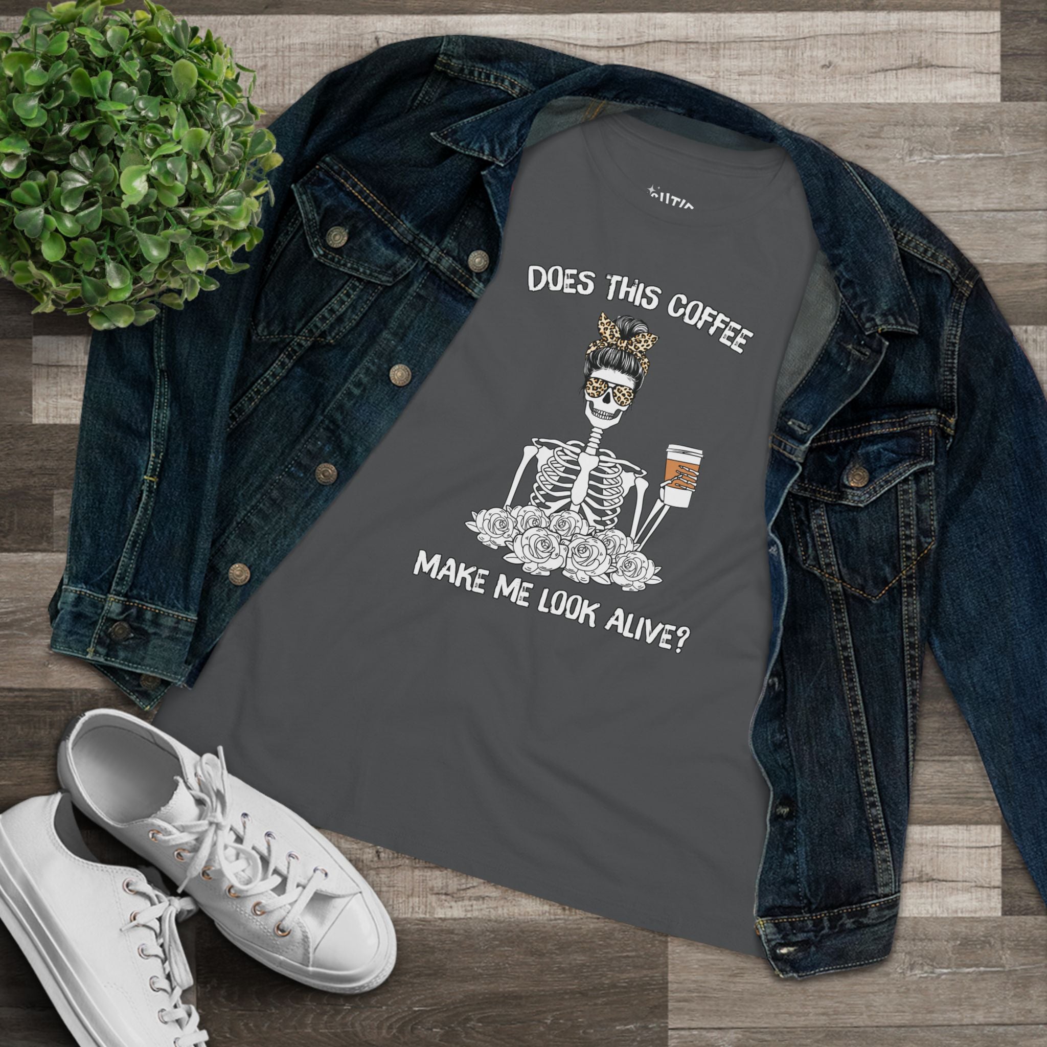 Does This Coffee Make Me Look Alive? Humorous Coffee-Themed Women's Cotton Tee - Funny Tee, Gift for Coffee Lovers, Halloween Shirt, Quirky Casual Wear, Everyday Humor Apparel