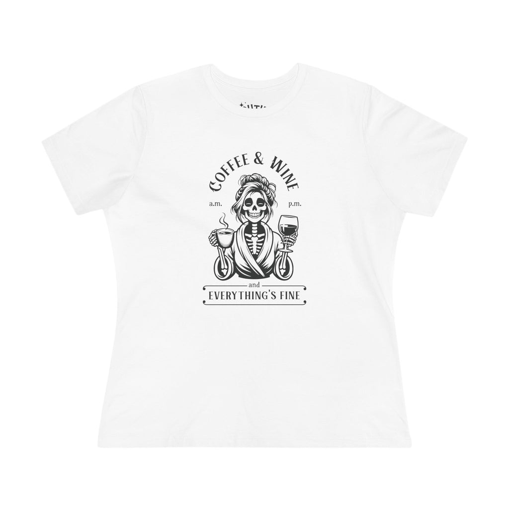 Coffee & Wine Skeleton Women's Cotton Tee, Funny Graphic T-Shirt, Casual Outfit, Gift for Coffee Lovers, Wine Enthusiast, Unique T-Shirt