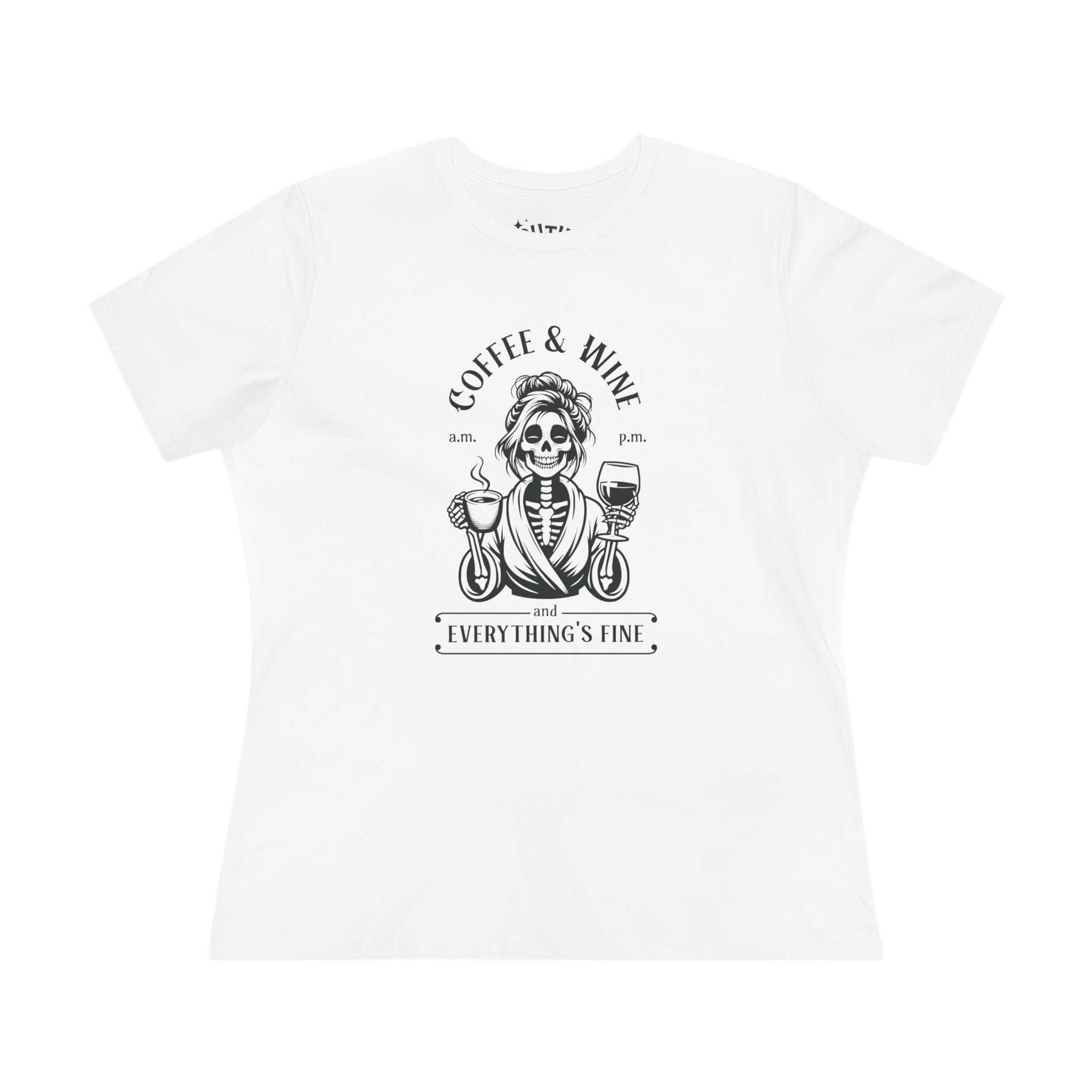 Coffee & Wine Skeleton Women's Cotton Tee, Funny Graphic T-Shirt, Casual Outfit, Gift for Coffee Lovers, Wine Enthusiast, Unique T-Shirt