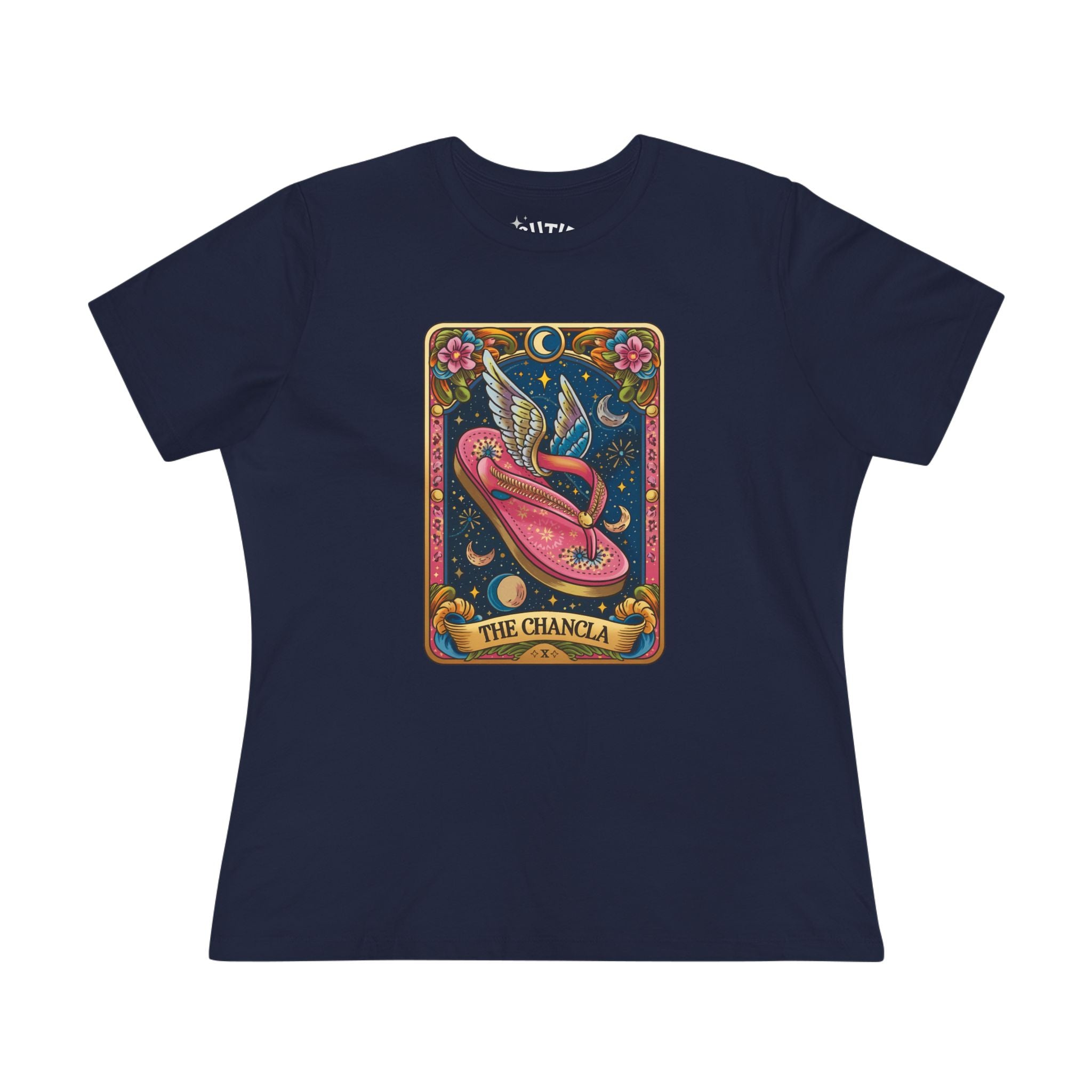 The Chancla Tarot Card Women's Cotton Tee - Boho Funny Winged Sandal Shirt