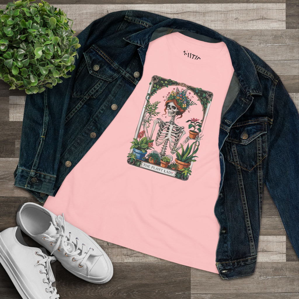 Plant Lady Floral Skeleton Tarot Card Tee, Boho Chic Women's Cotton Tee, Plant Lover T-Shirt, Gifts for Gardeners, Eco-friendly Apparel