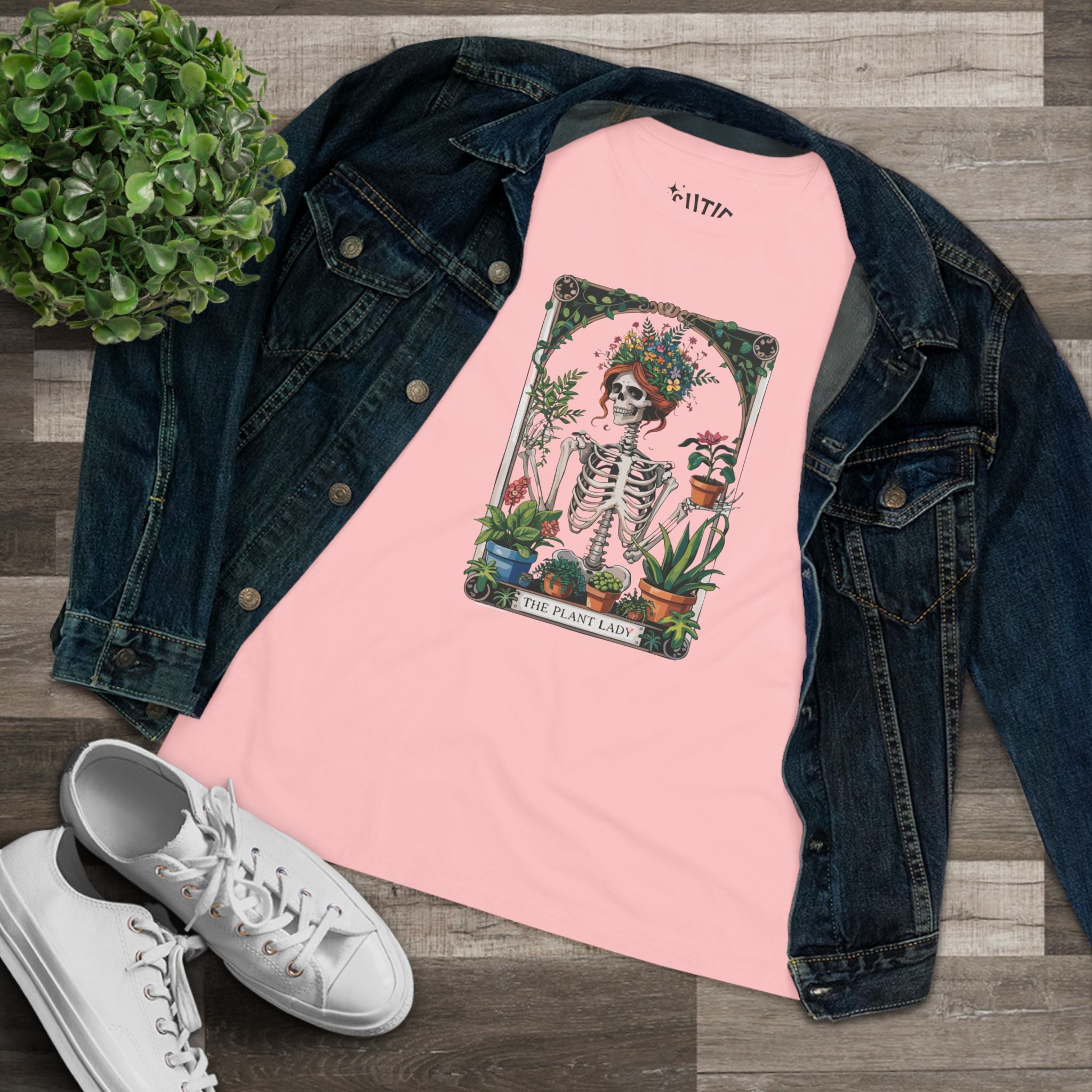 Plant Lady Floral Skeleton Tarot Card Tee, Boho Chic Women's Cotton Tee, Plant Lover T-Shirt, Gifts for Gardeners, Eco-friendly Apparel