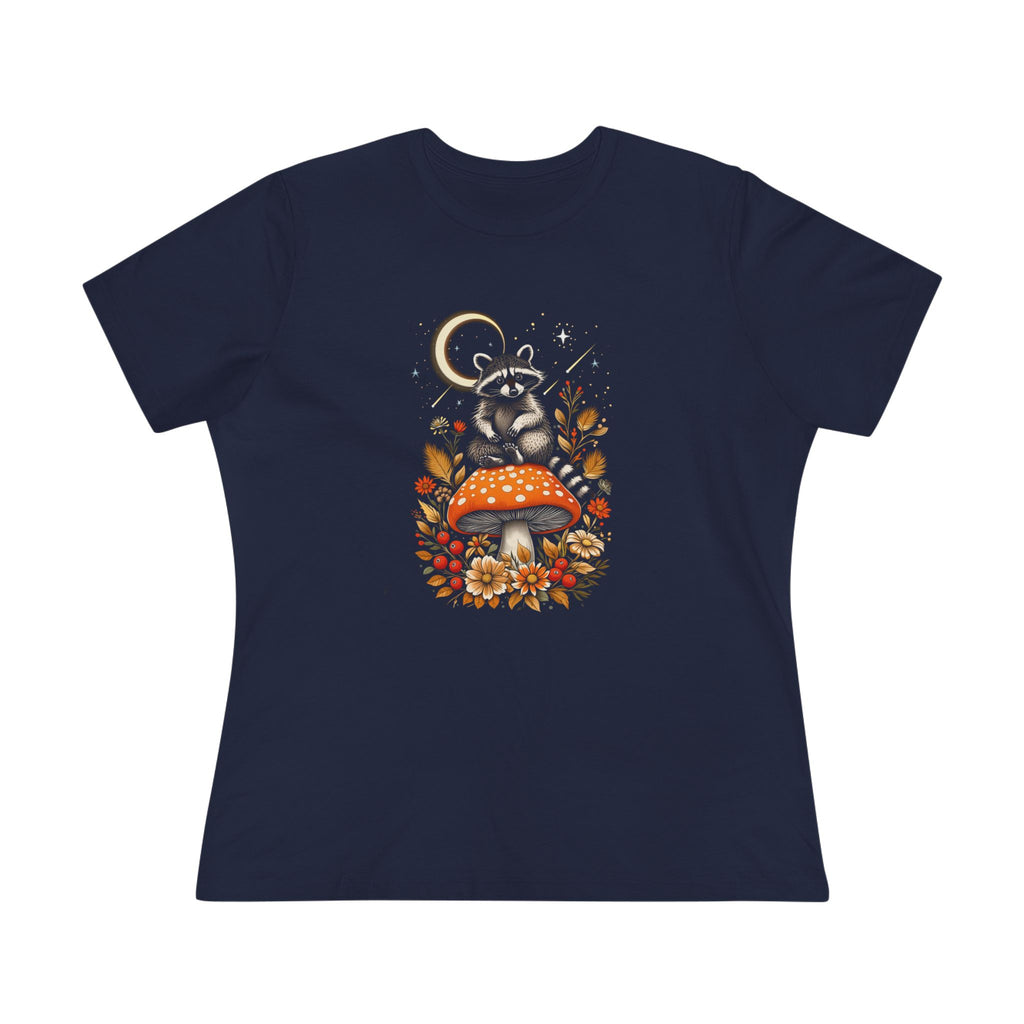 Mushroom Whimsical Raccoon Women's Cotton Tee - Cute Nature Shirt for Animal Lovers, Gifts for Moms, Fall Fashion, Eco-Friendly Wear