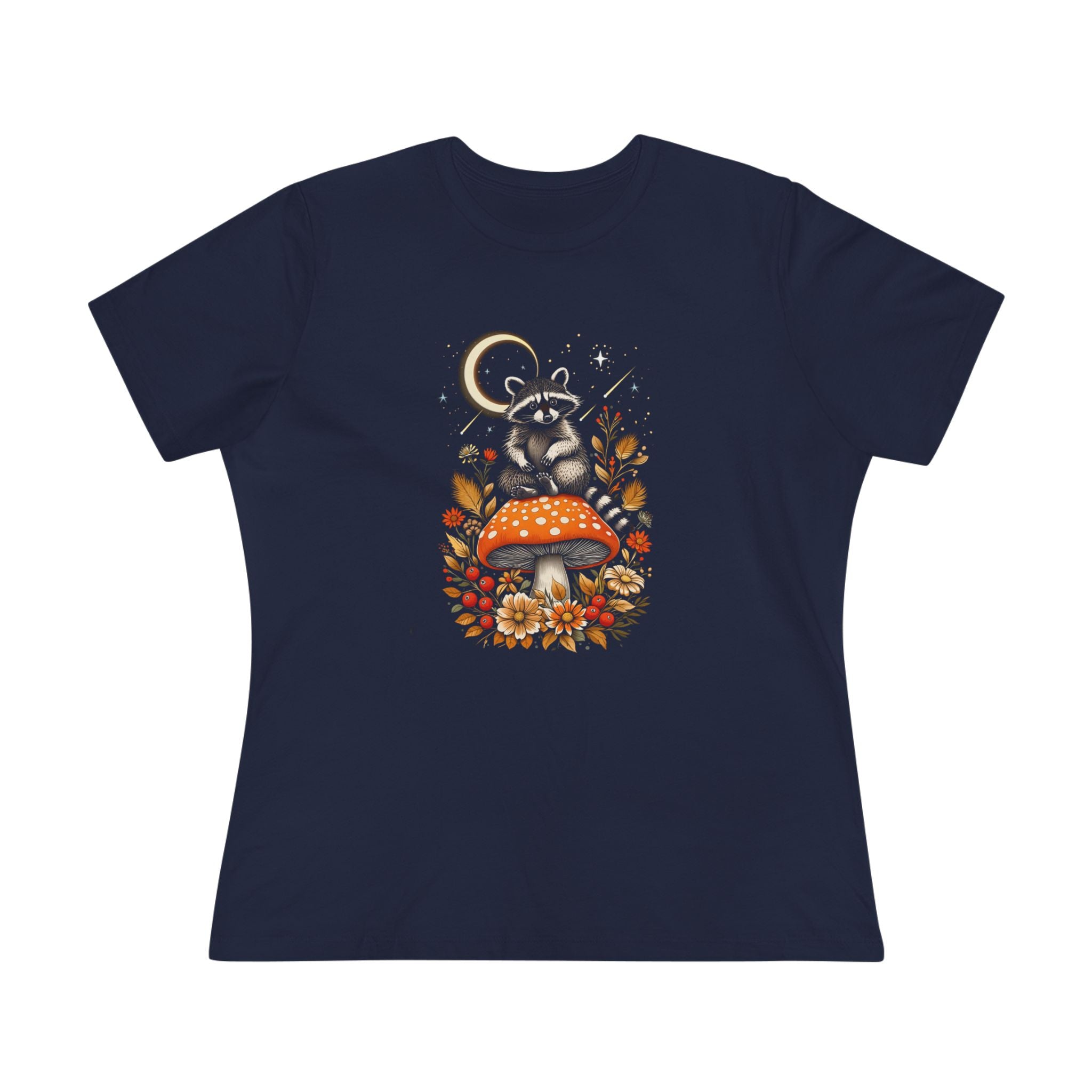 Mushroom Whimsical Raccoon Women's Cotton Tee - Cute Nature Shirt for Animal Lovers, Gifts for Moms, Fall Fashion, Eco-Friendly Wear