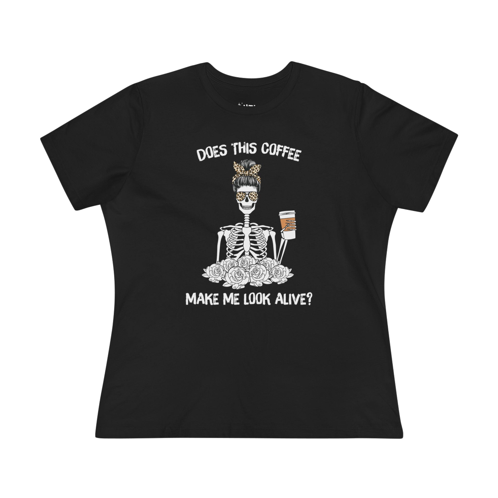 Does This Coffee Make Me Look Alive? Humorous Coffee-Themed Women's Cotton Tee - Funny Tee, Gift for Coffee Lovers, Halloween Shirt, Quirky Casual Wear, Everyday Humor Apparel