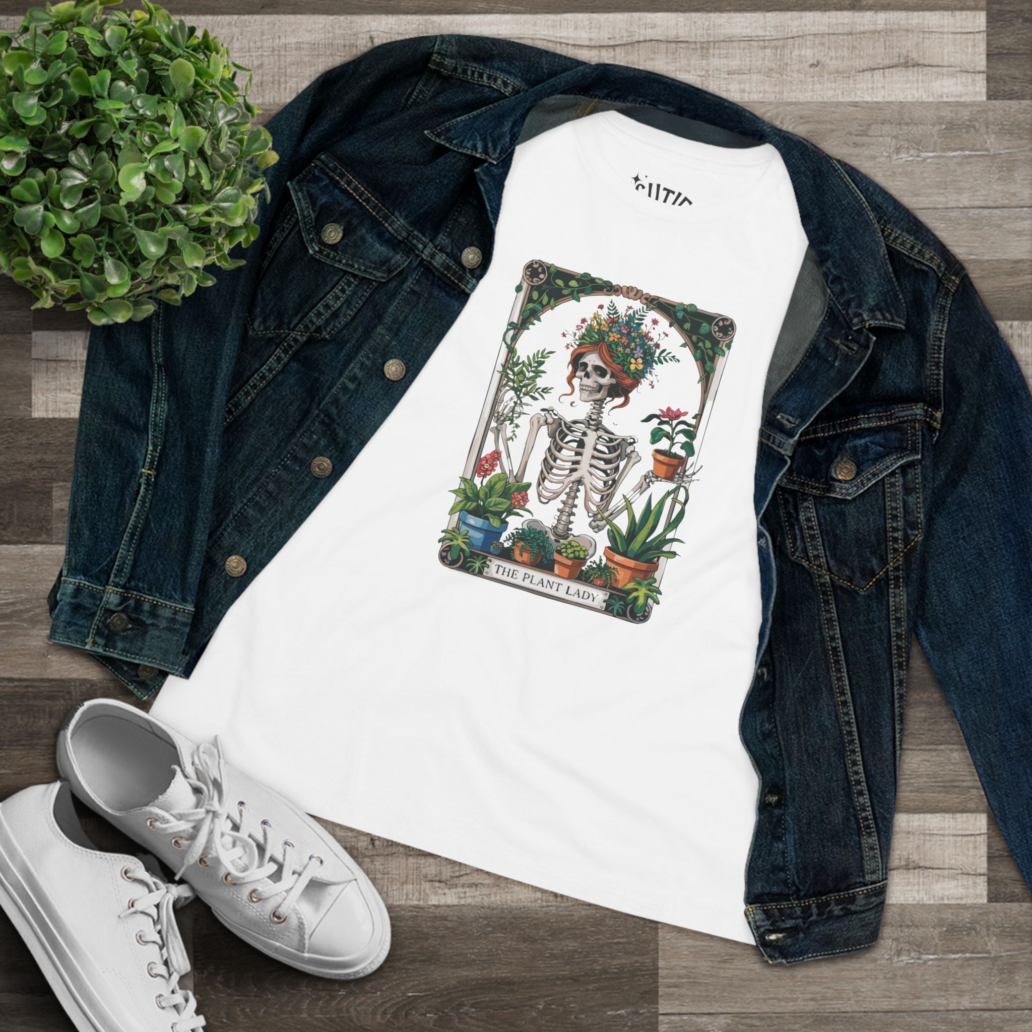 Plant Lady Floral Skeleton Tarot Card Tee, Boho Chic Women's Cotton Tee, Plant Lover T-Shirt, Gifts for Gardeners, Eco-friendly Apparel