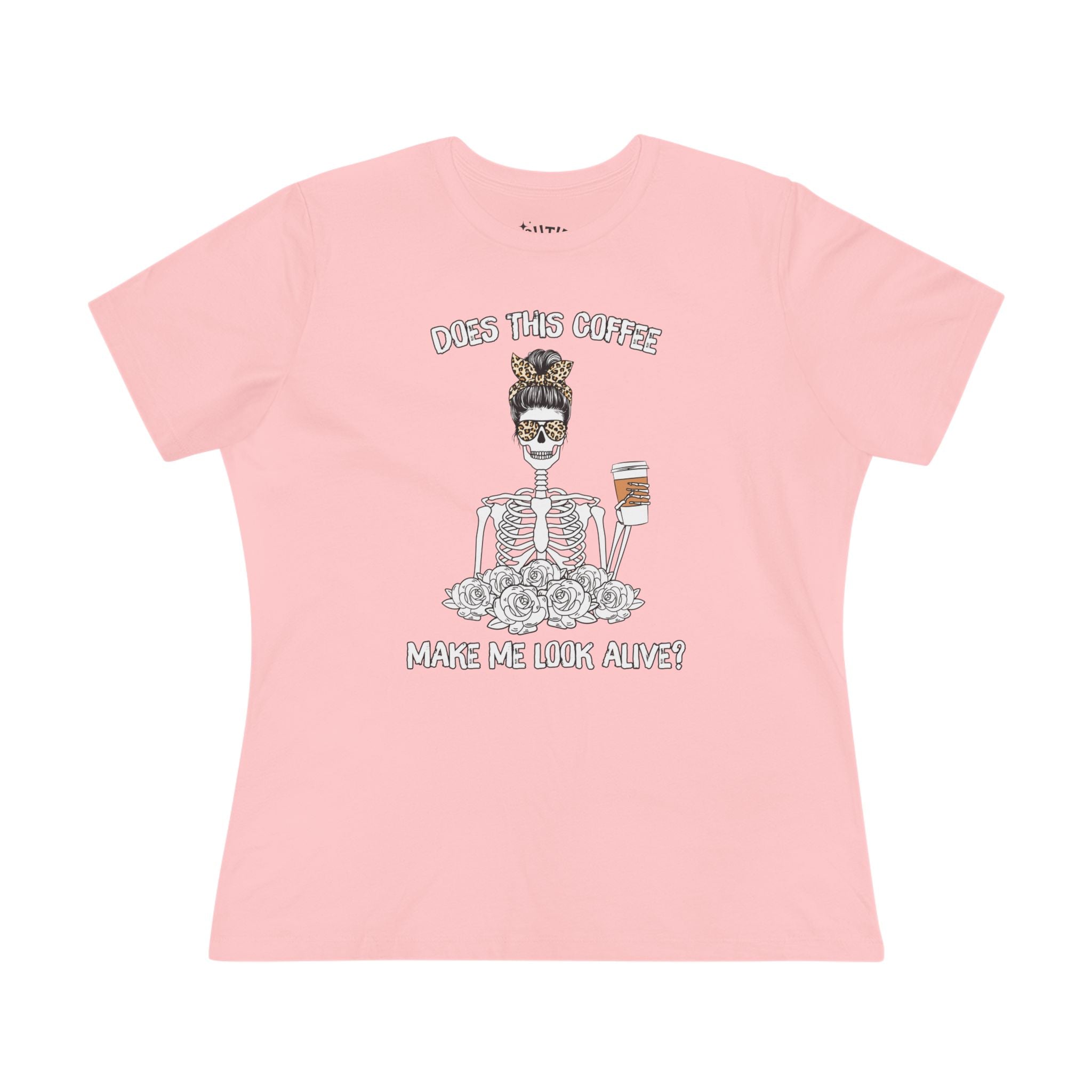 Does This Coffee Make Me Look Alive? Humorous Coffee-Themed Women's Cotton Tee - Funny Tee, Gift for Coffee Lovers, Halloween Shirt, Quirky Casual Wear, Everyday Humor Apparel