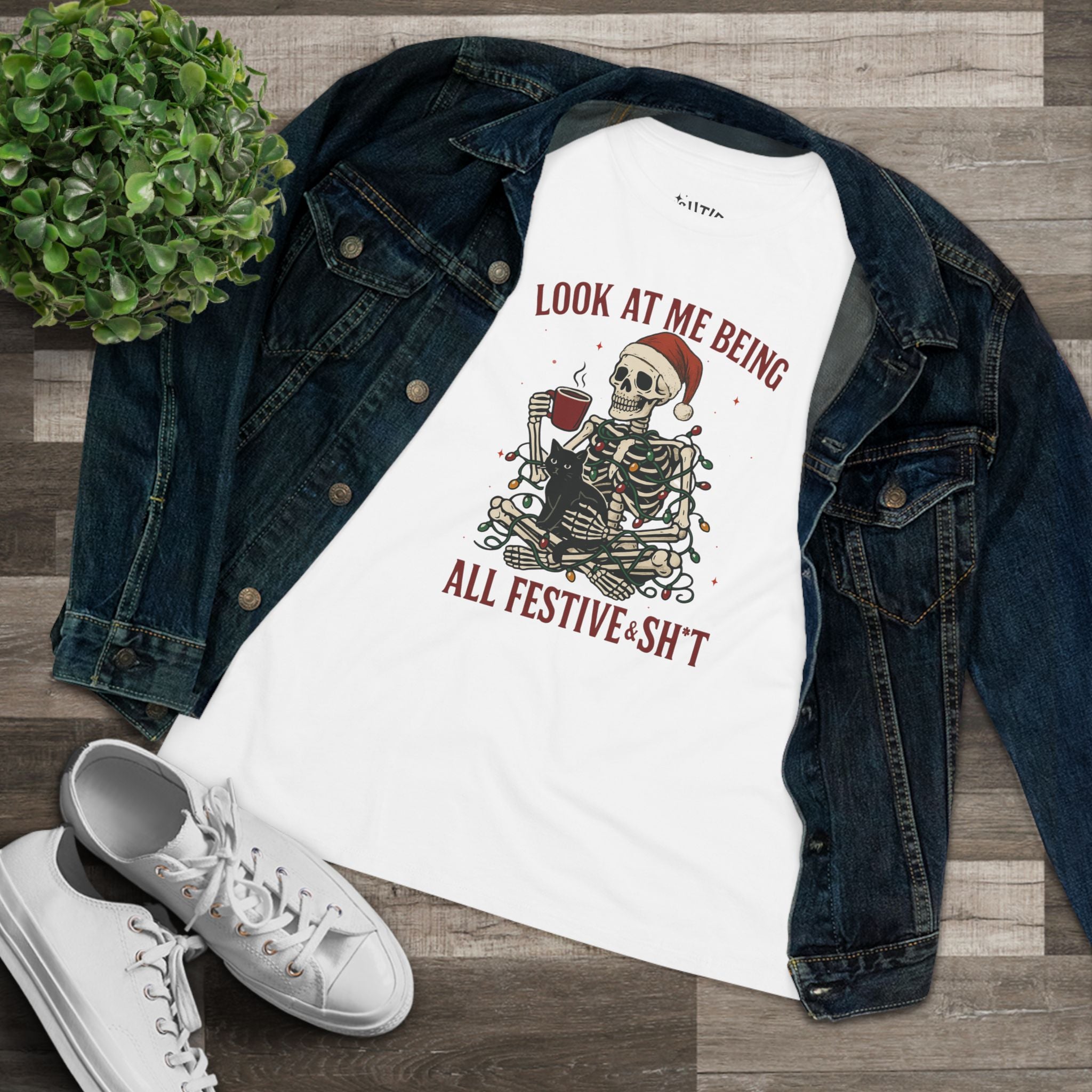 Look at Me Being All Festive and Sh*t Women's Graphic Tee - Festive Skeleton Dark Humor Christmas Shirt