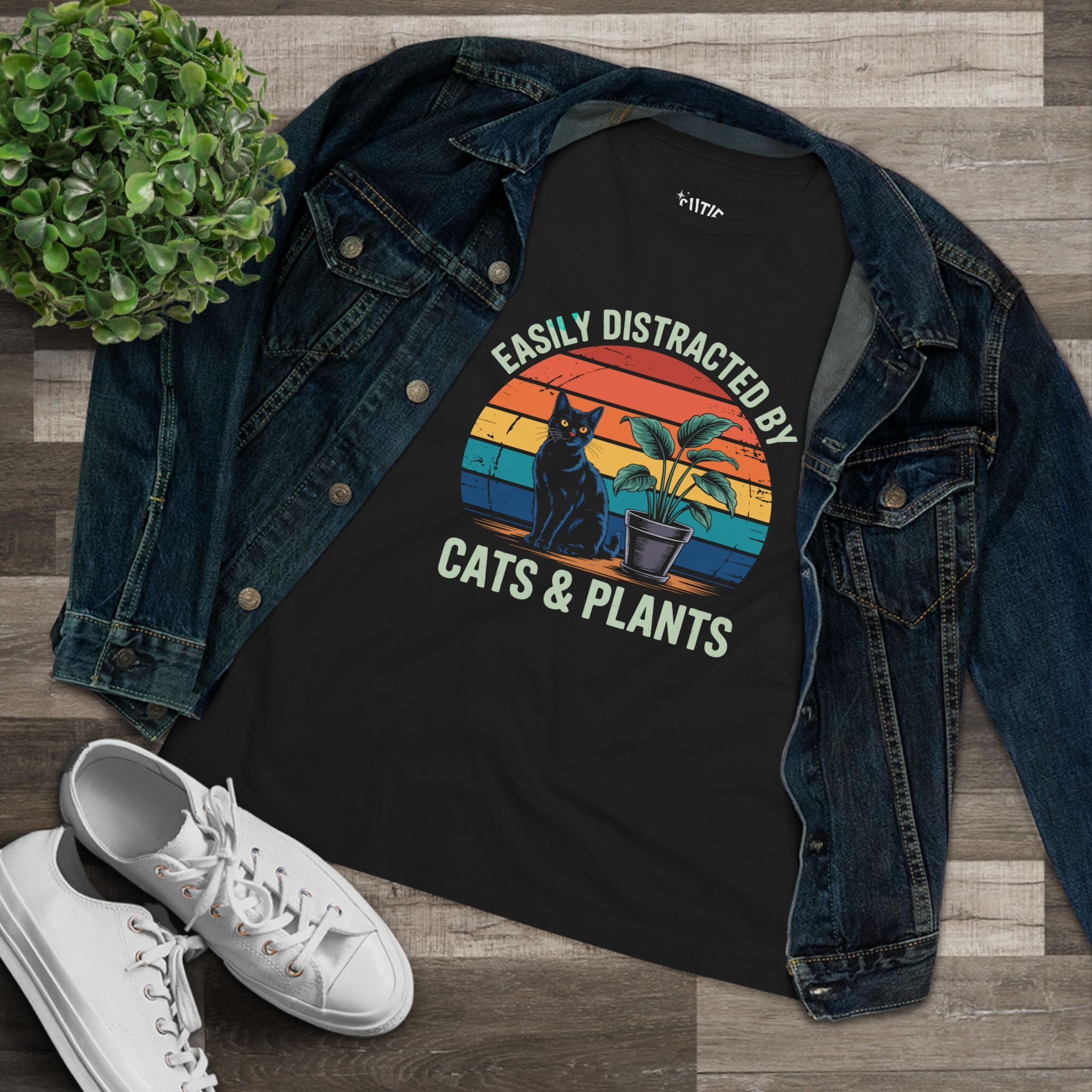 Easily Distracted by Cats & Plants Women's Cotton Tee, Funny Cat Lover Tee, Gift for Plant Parents, Cute Casual Shirt, Perfect for Birthdays