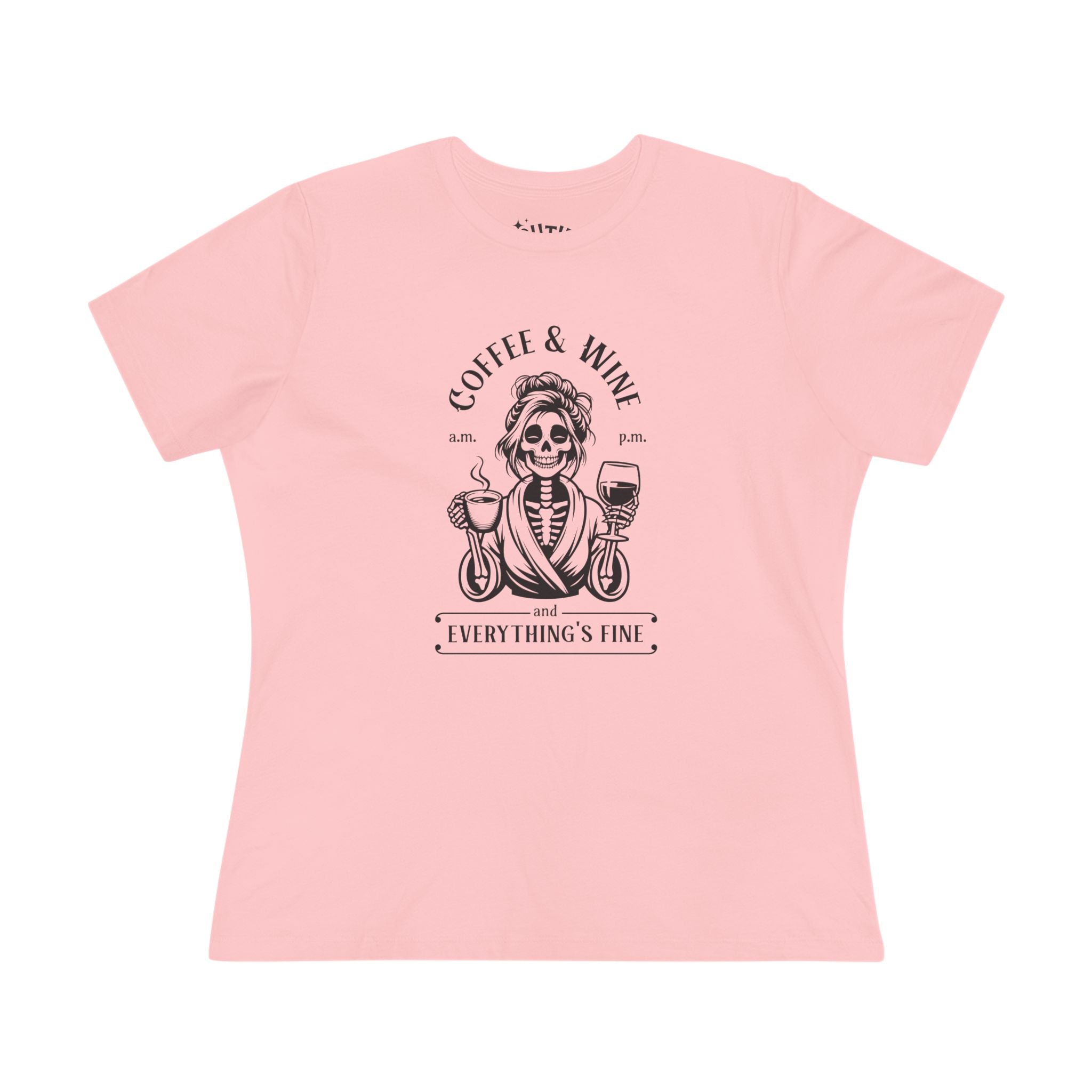 Coffee & Wine Skeleton Women's Cotton Tee, Funny Graphic T-Shirt, Casual Outfit, Gift for Coffee Lovers, Wine Enthusiast, Unique T-Shirt