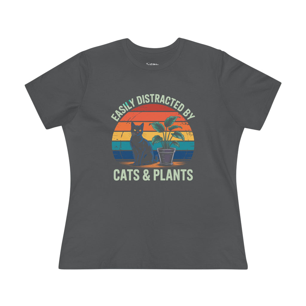 Easily Distracted by Cats & Plants Women's Cotton Tee, Funny Cat Lover Tee, Gift for Plant Parents, Cute Casual Shirt, Perfect for Birthdays