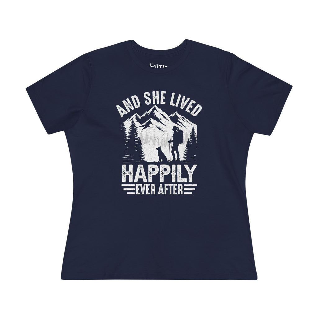 Adventure-Inspired Women's Cotton Tee - Perfect Gift for Hikers, Campers, and Outdoor Lovers, 'And She Lived Happily Ever After', [...]