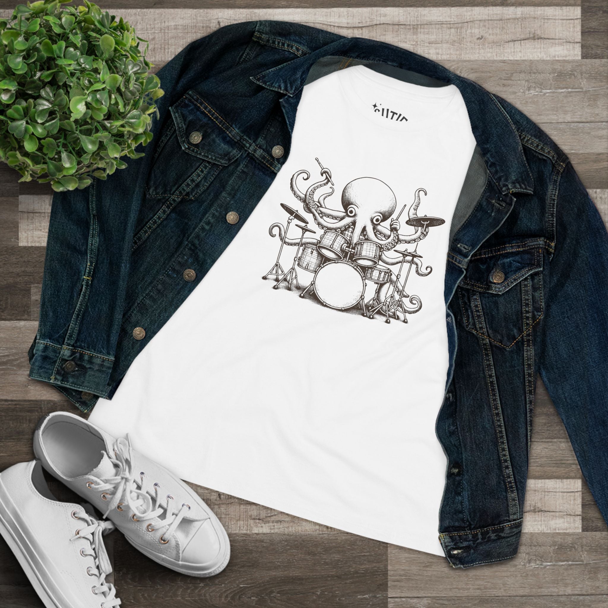 Octopus Drummer Women's Cotton Tee - Music Lover Whimsical Tee