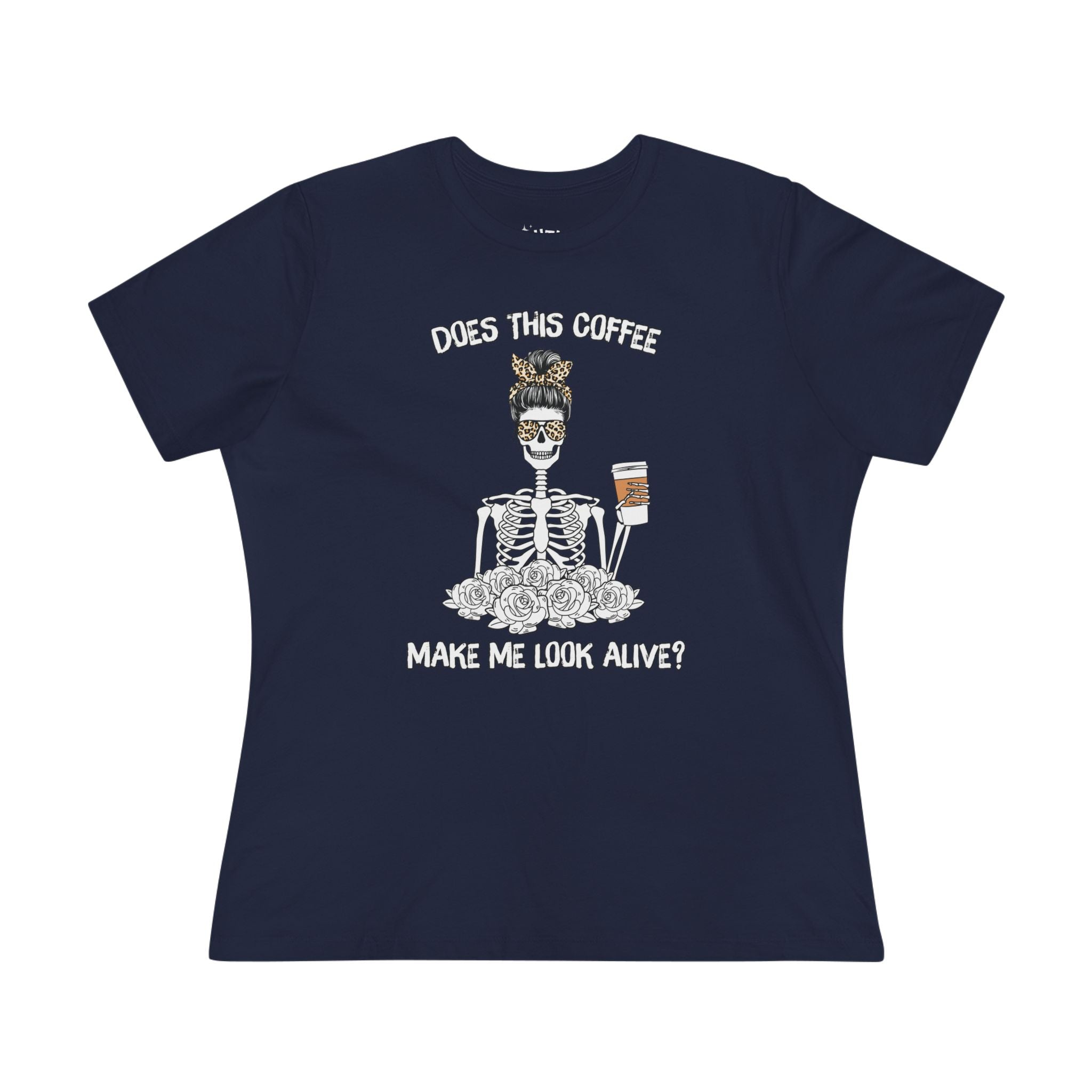 Does This Coffee Make Me Look Alive? Humorous Coffee-Themed Women's Cotton Tee - Funny Tee, Gift for Coffee Lovers, Halloween Shirt, Quirky Casual Wear, Everyday Humor Apparel