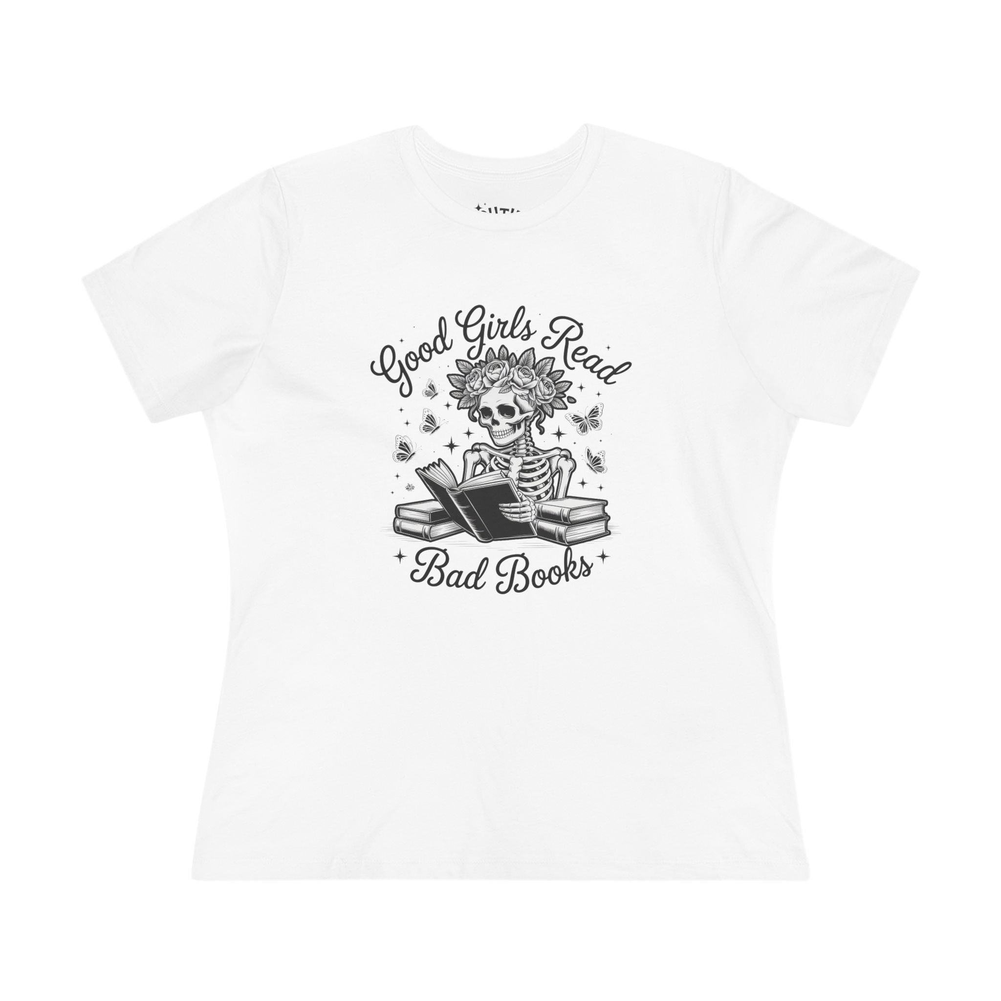 Skeleton Reading Tee, Good Girls Read Bad Books - Cute Women's Cotton Shirt, Perfect for Book Lovers, Halloween, Gifts, Fun Fashion