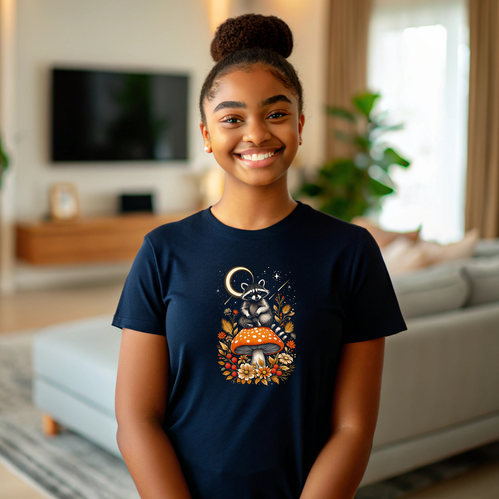 Mushroom Whimsical Raccoon Women's Cotton Tee - Cute Nature Shirt for Animal Lovers, Gifts for Moms, Fall Fashion, Eco-Friendly Wear