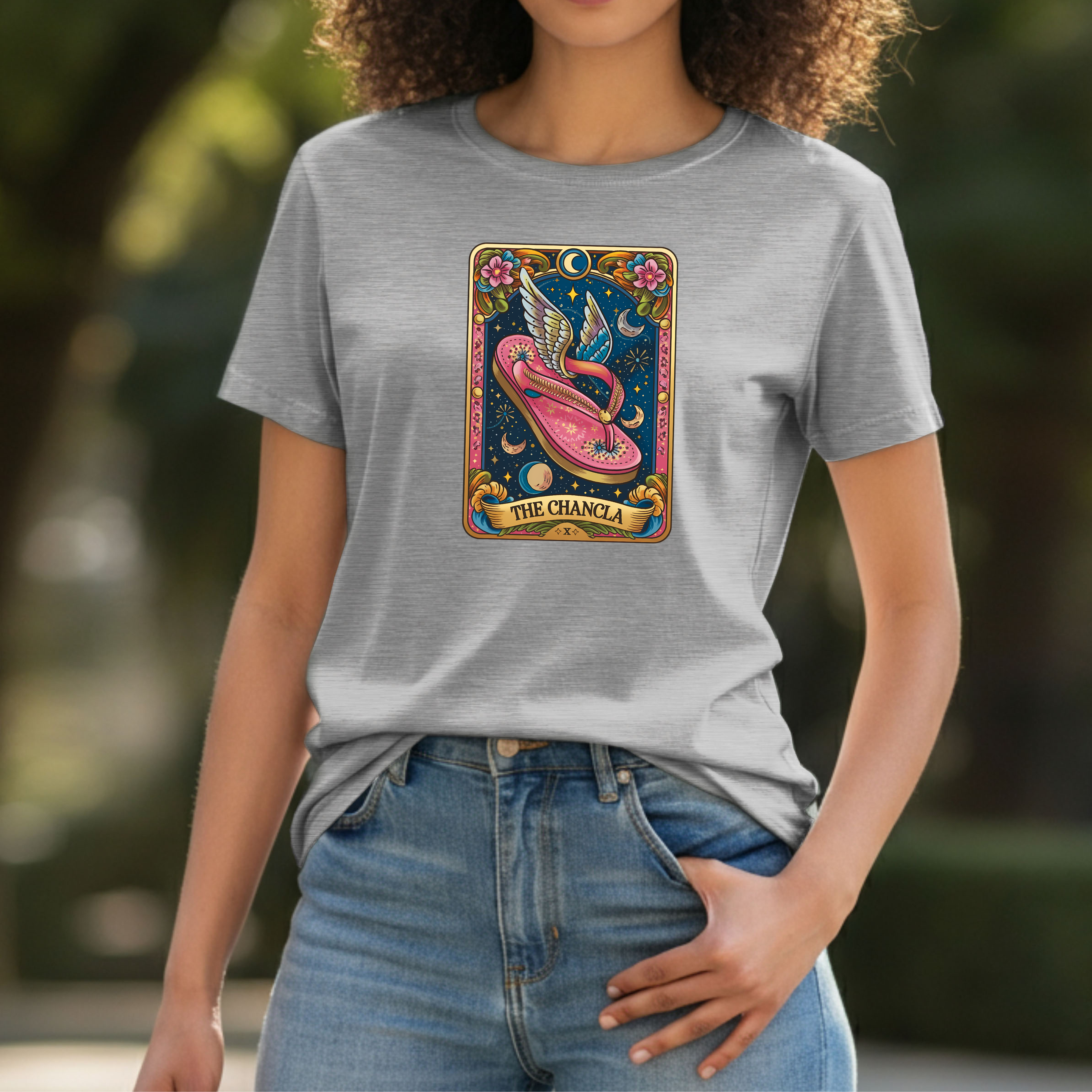 The Chancla Tarot Card Women's Cotton Tee - Boho Funny Winged Sandal Shirt