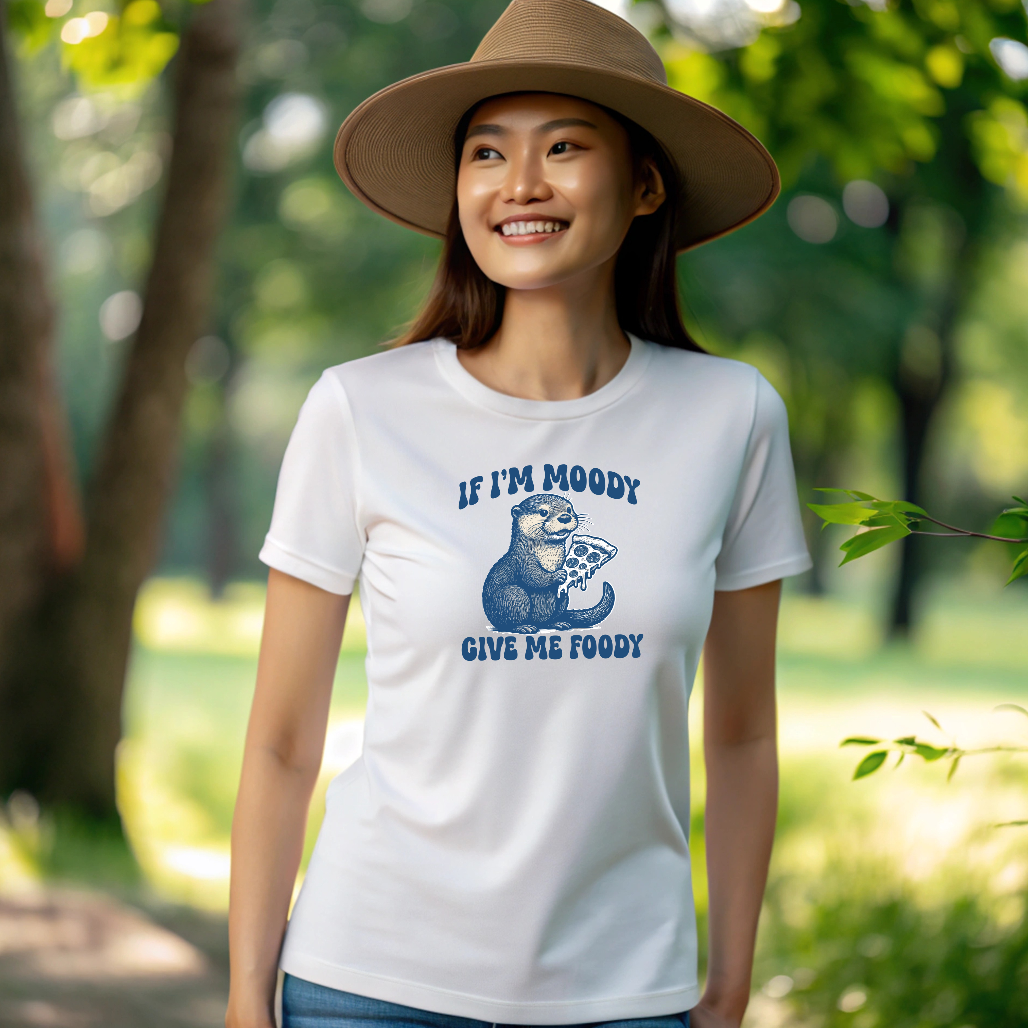 Otter Pizza Whimsical Cotton Tee -  If I'm Moody Give Me Foody Cute Gift