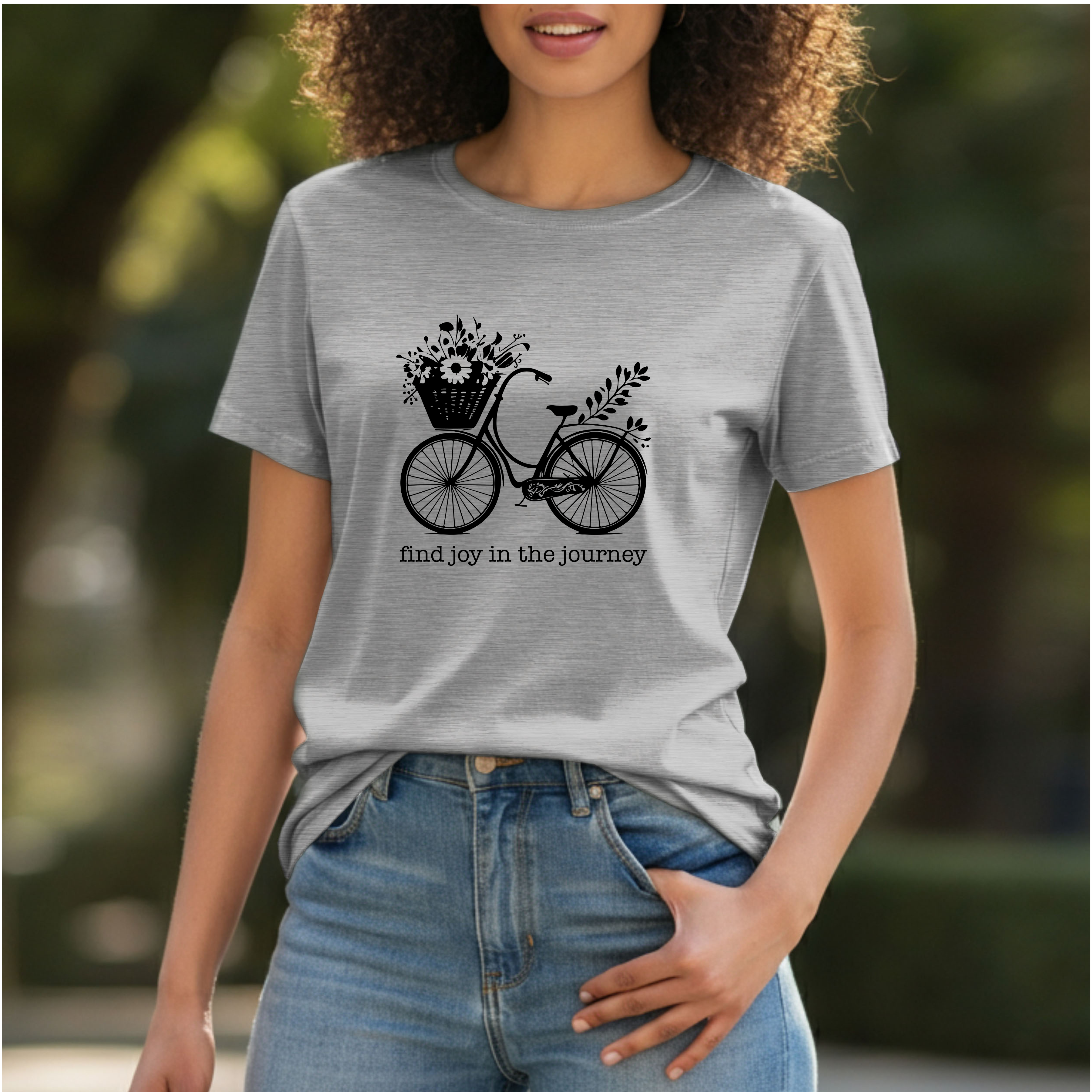 Bicycle and Flowers Joyful Journey Cotton Tee, "Find Joy in the Journey" Casual Tee, Graphic T-Shirt, Gift for Adventurers, Nature Lover Shirt, Inspirational Apparel