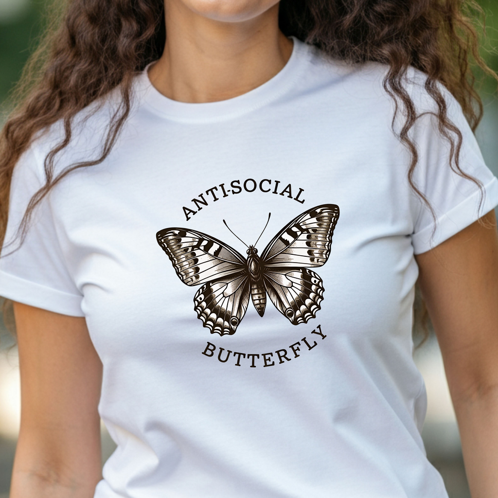 Antisocial Butterfly Women's Cotton Tee - Cute Graphic Tee for Nature Lovers, Thoughtful Gift for Introverts, Trendy Everyday Wear