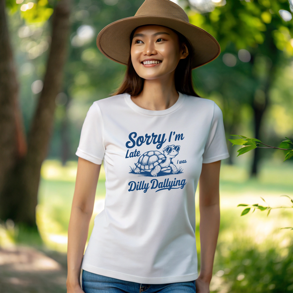 Sorry I'm Late Turtle Graphic Tee, Casual Women's Shirt, Gifts for Her, Humor Tee, Sorry I'm Late Dilly Dallying