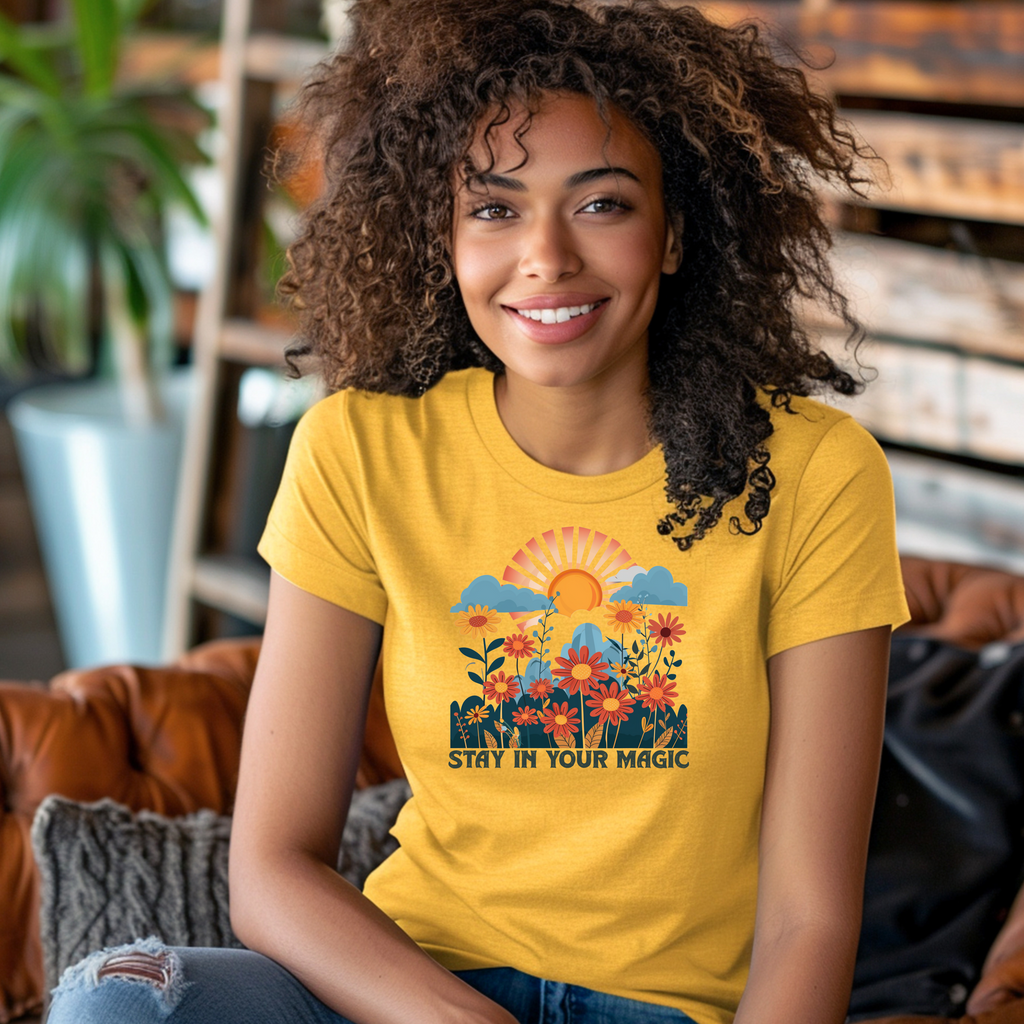 Stay in Your Magic Boho Floral Cotton Tee, Women’s Inspirational Tee, Boho Vibe T-Shirt, Gift for Nature Lovers