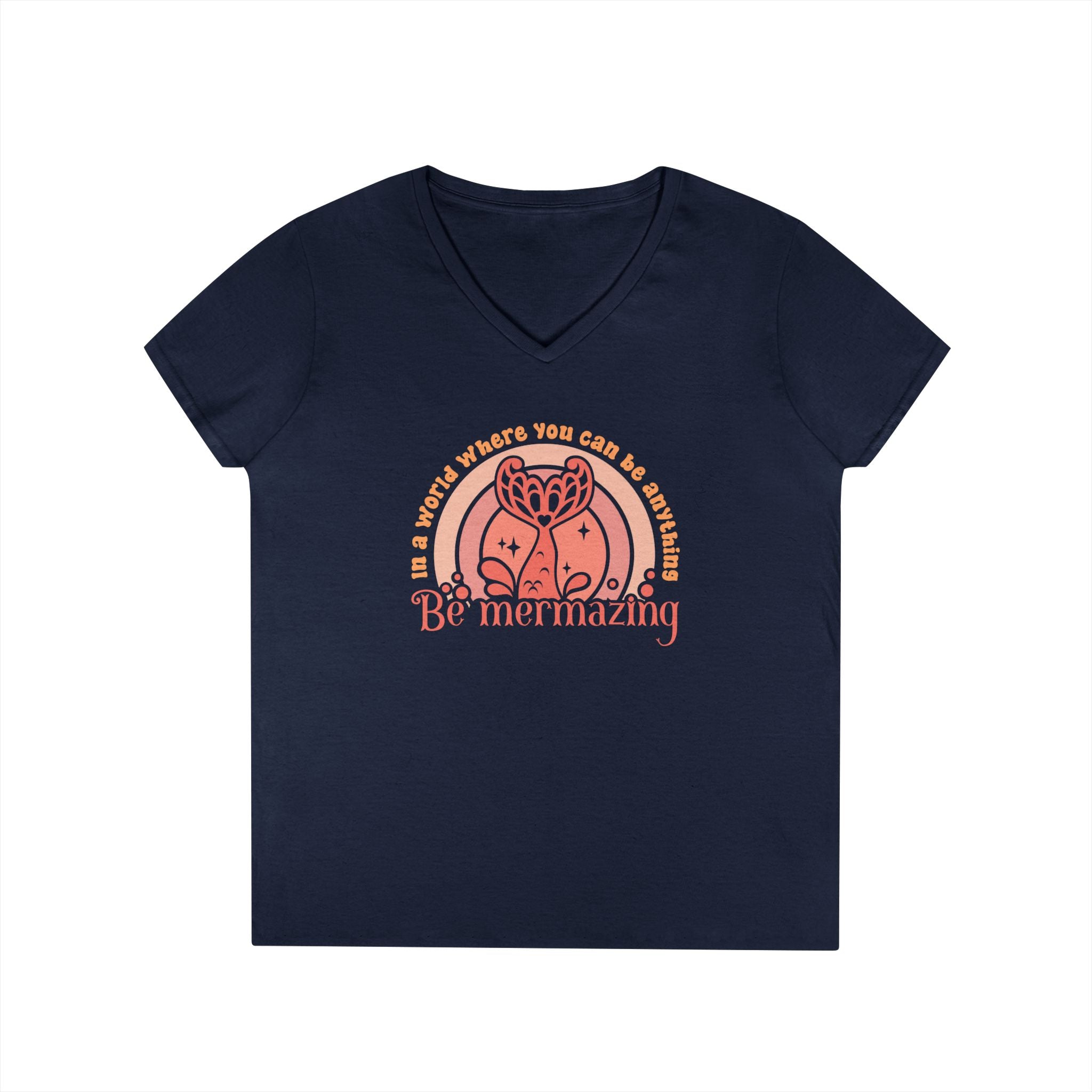 Mermaid Themed Ladies' V-Neck T-Shirt - Be Mermazing Inspirational Top, Casual Wear, Gift for Mermaid Lovers, Summer Fashion, Motivational Tee