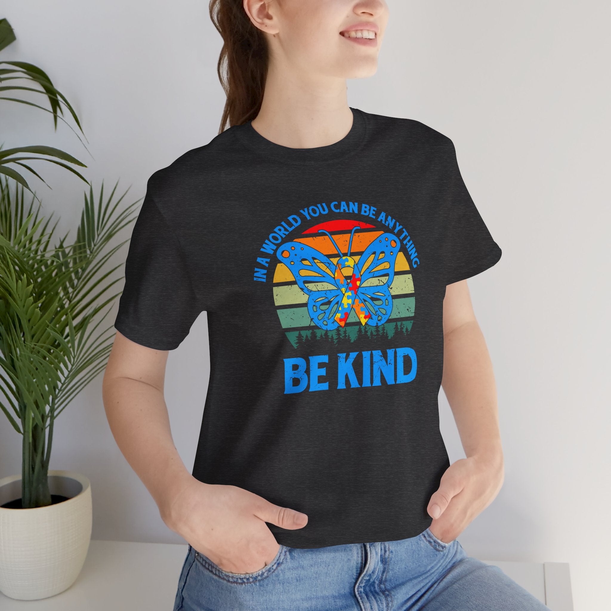 Be Kind Butterfly Unisex Jersey Tee, Autism Awareness, Inspirational T-Shirt, Gift for Nature Lovers, Motivational Apparel, Casual Wear, Eco-Friendly Fashion