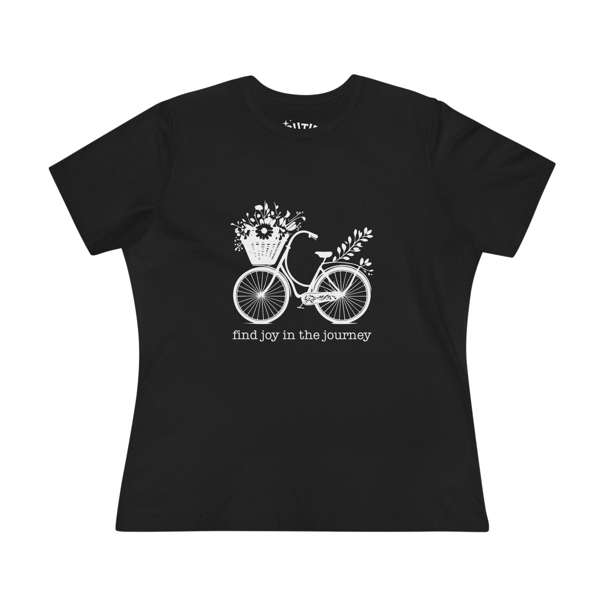 Bicycle and Flowers Joyful Journey Cotton Tee, "Find Joy in the Journey" Casual Tee, Graphic T-Shirt, Gift for Adventurers, Nature Lover Shirt, Inspirational Apparel