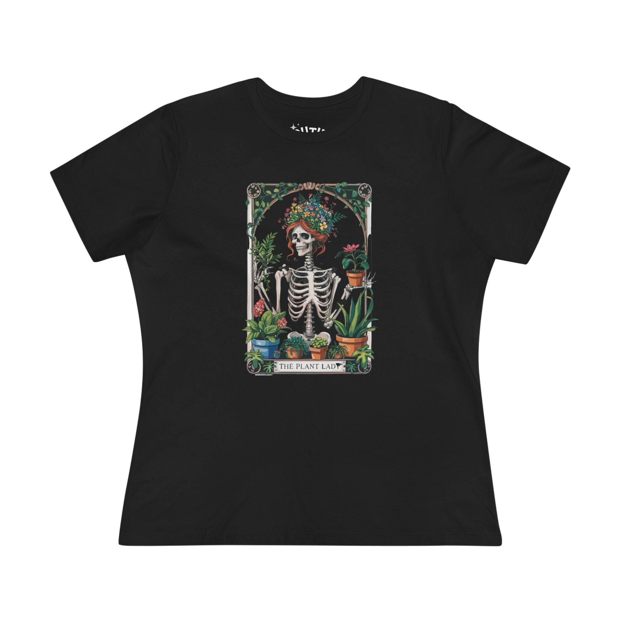 Plant Lady Floral Skeleton Tarot Card Tee, Boho Chic Women's Cotton Tee, Plant Lover T-Shirt, Gifts for Gardeners, Eco-friendly Apparel