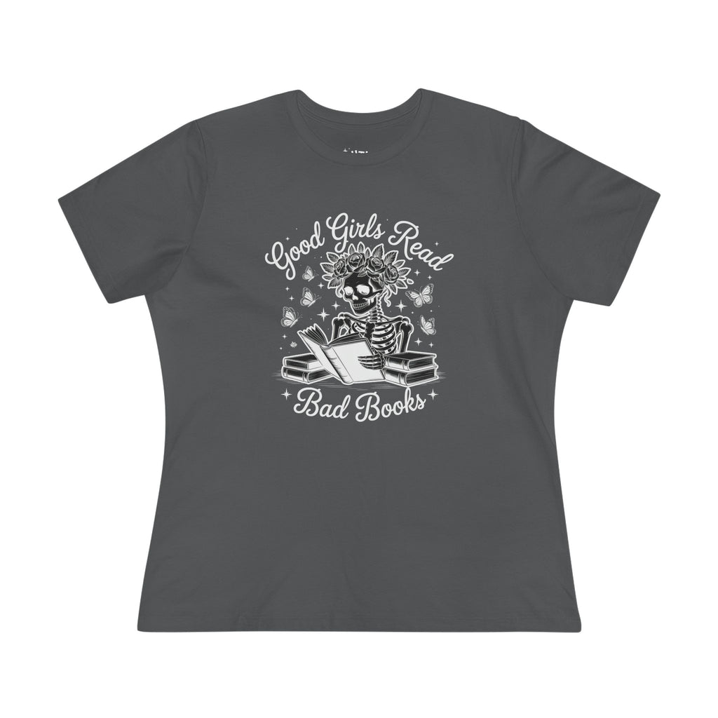Skeleton Reading Tee, Good Girls Read Bad Books - Cute Women's Cotton Shirt, Perfect for Book Lovers, Halloween, Gifts, Fun Fashion
