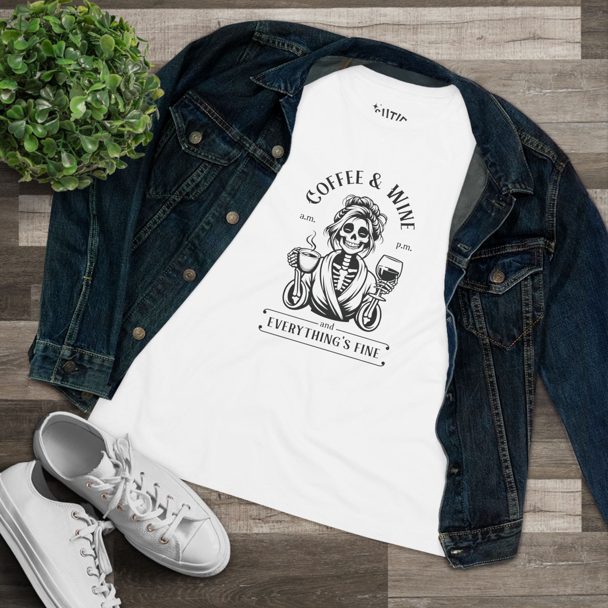 Coffee & Wine Skeleton Women's Cotton Tee, Funny Graphic T-Shirt, Casual Outfit, Gift for Coffee Lovers, Wine Enthusiast, Unique T-Shirt