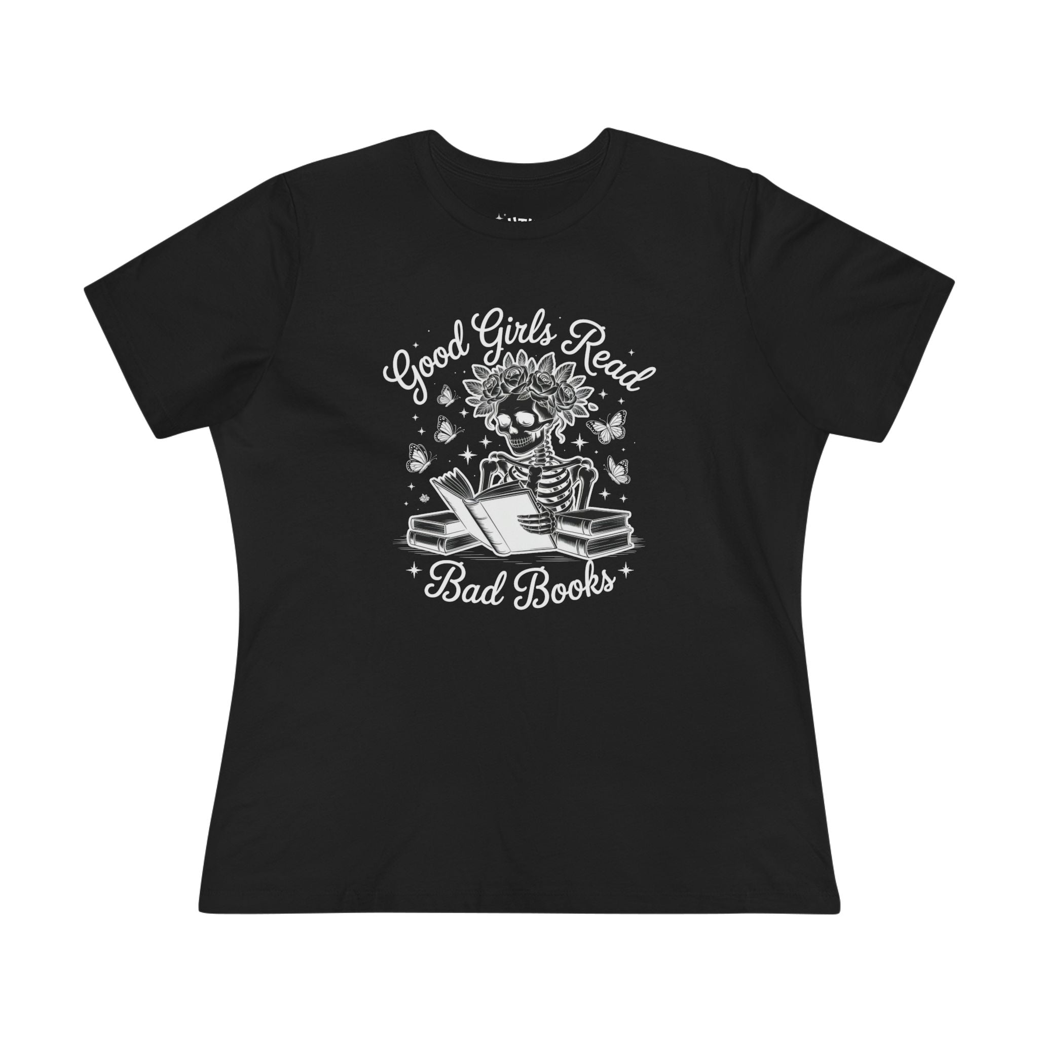 Skeleton Reading Tee, Good Girls Read Bad Books - Cute Women's Cotton Shirt, Perfect for Book Lovers, Halloween, Gifts, Fun Fashion