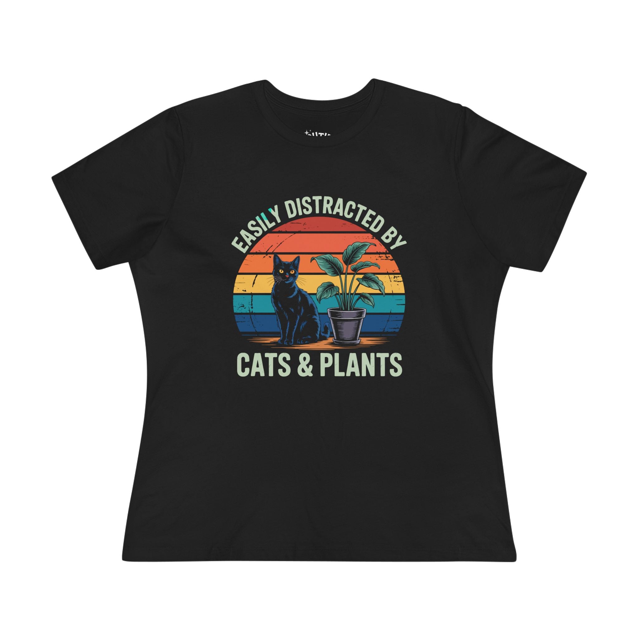 Easily Distracted by Cats & Plants Women's Cotton Tee, Funny Cat Lover Tee, Gift for Plant Parents, Cute Casual Shirt, Perfect for Birthdays