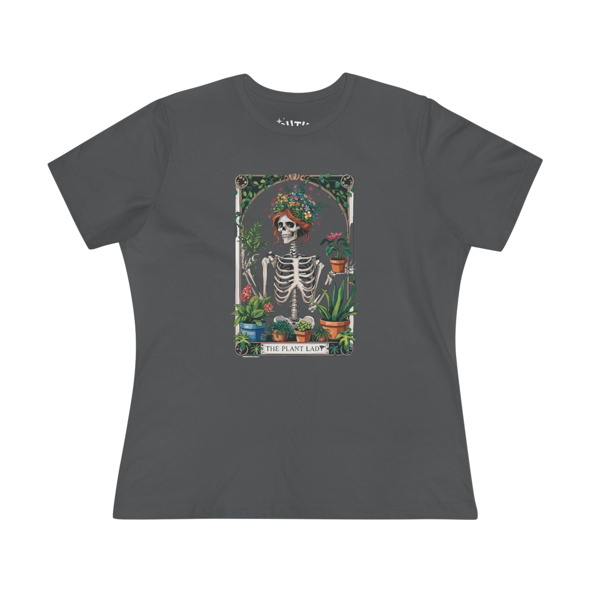 Plant Lady Floral Skeleton Tarot Card Tee, Boho Chic Women's Cotton Tee, Plant Lover T-Shirt, Gifts for Gardeners, Eco-friendly Apparel
