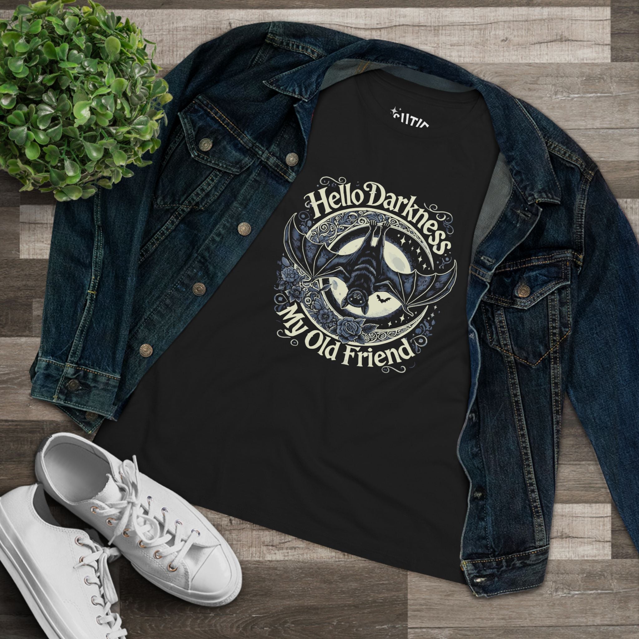 Bat Hello Darkness Dark Humor Women's Cotton Tee, Funny Graphic Top, My Old Friend Shirt, Gift for Music Lovers, Casual Wear for Any Occasion