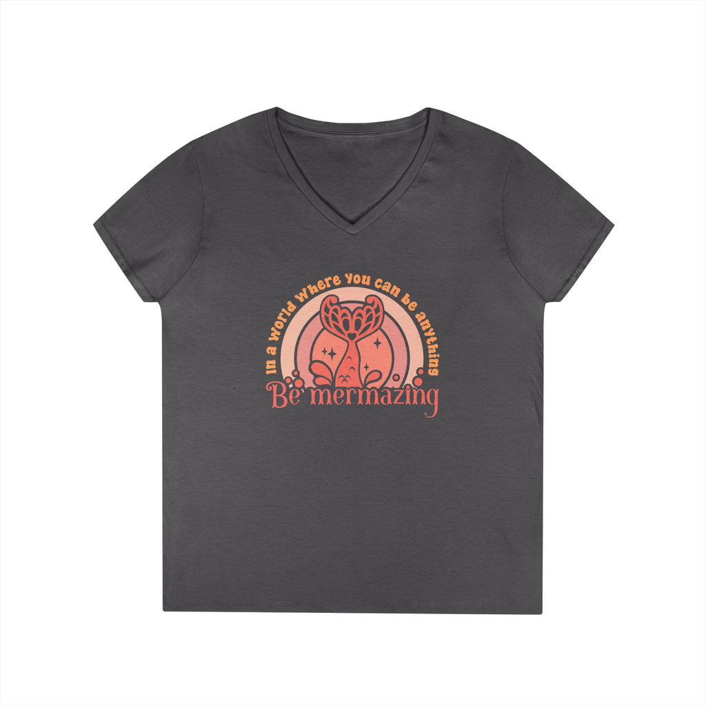 Mermaid Themed Ladies' V-Neck T-Shirt - Be Mermazing Inspirational Top, Casual Wear, Gift for Mermaid Lovers, Summer Fashion, Motivational Tee