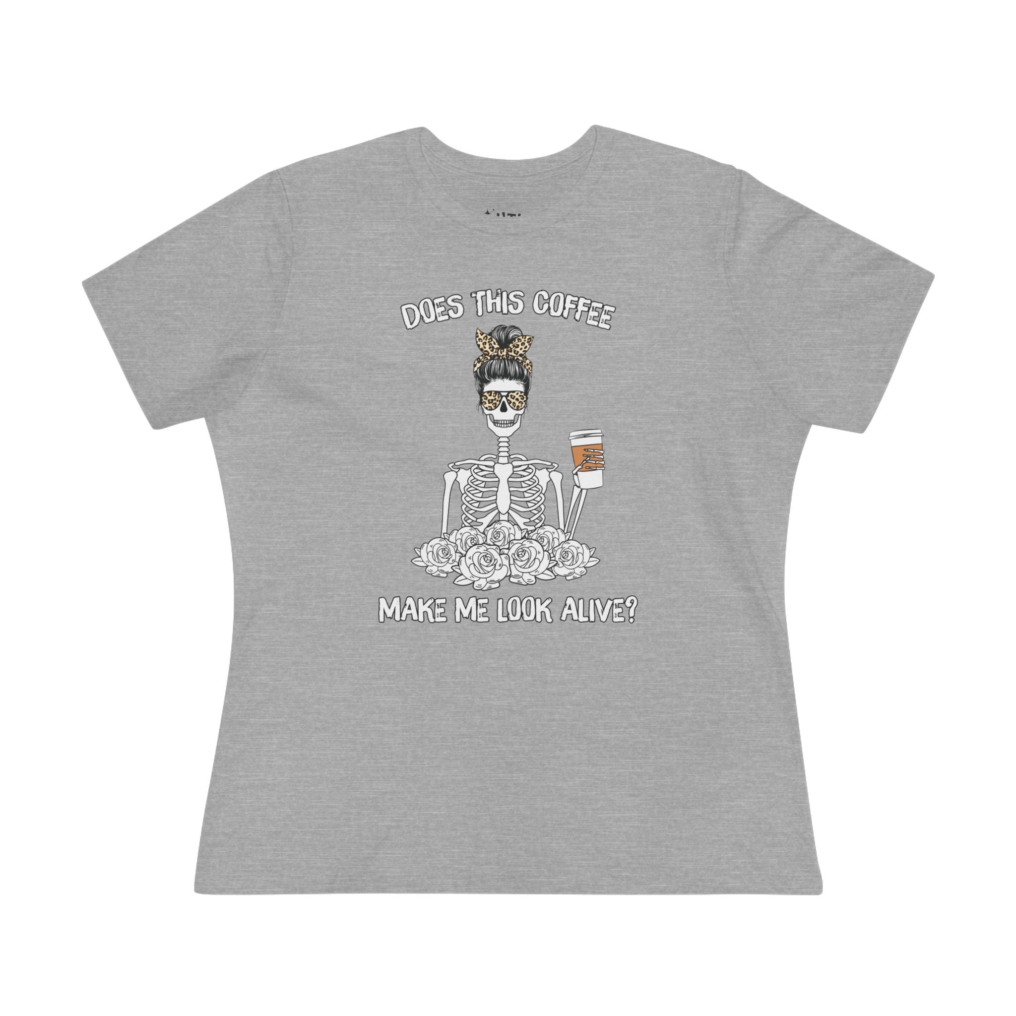 Does This Coffee Make Me Look Alive? Humorous Coffee-Themed Women's Cotton Tee - Funny Tee, Gift for Coffee Lovers, Halloween Shirt, Quirky Casual Wear, Everyday Humor Apparel
