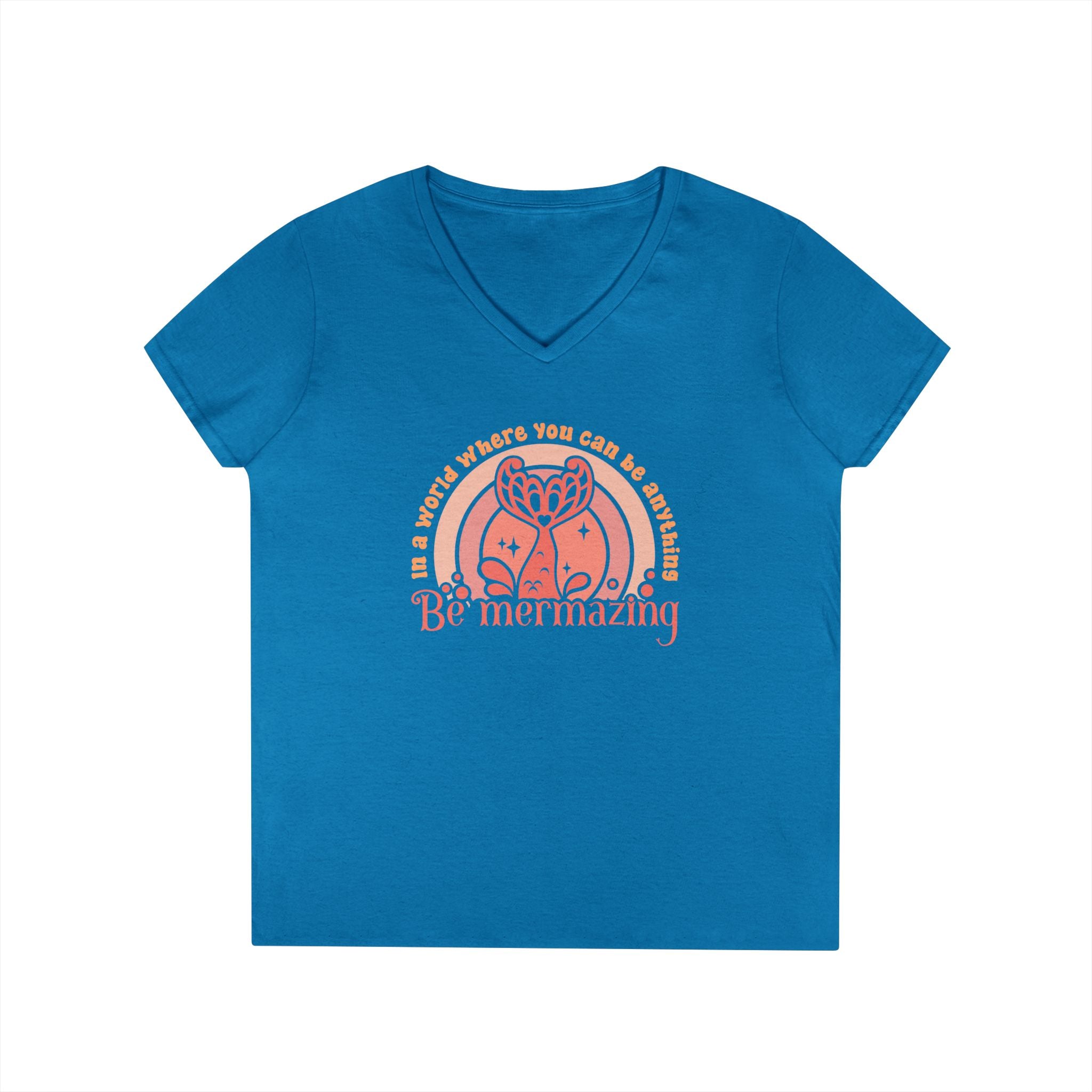 Mermaid Themed Ladies' V-Neck T-Shirt - Be Mermazing Inspirational Top, Casual Wear, Gift for Mermaid Lovers, Summer Fashion, Motivational Tee