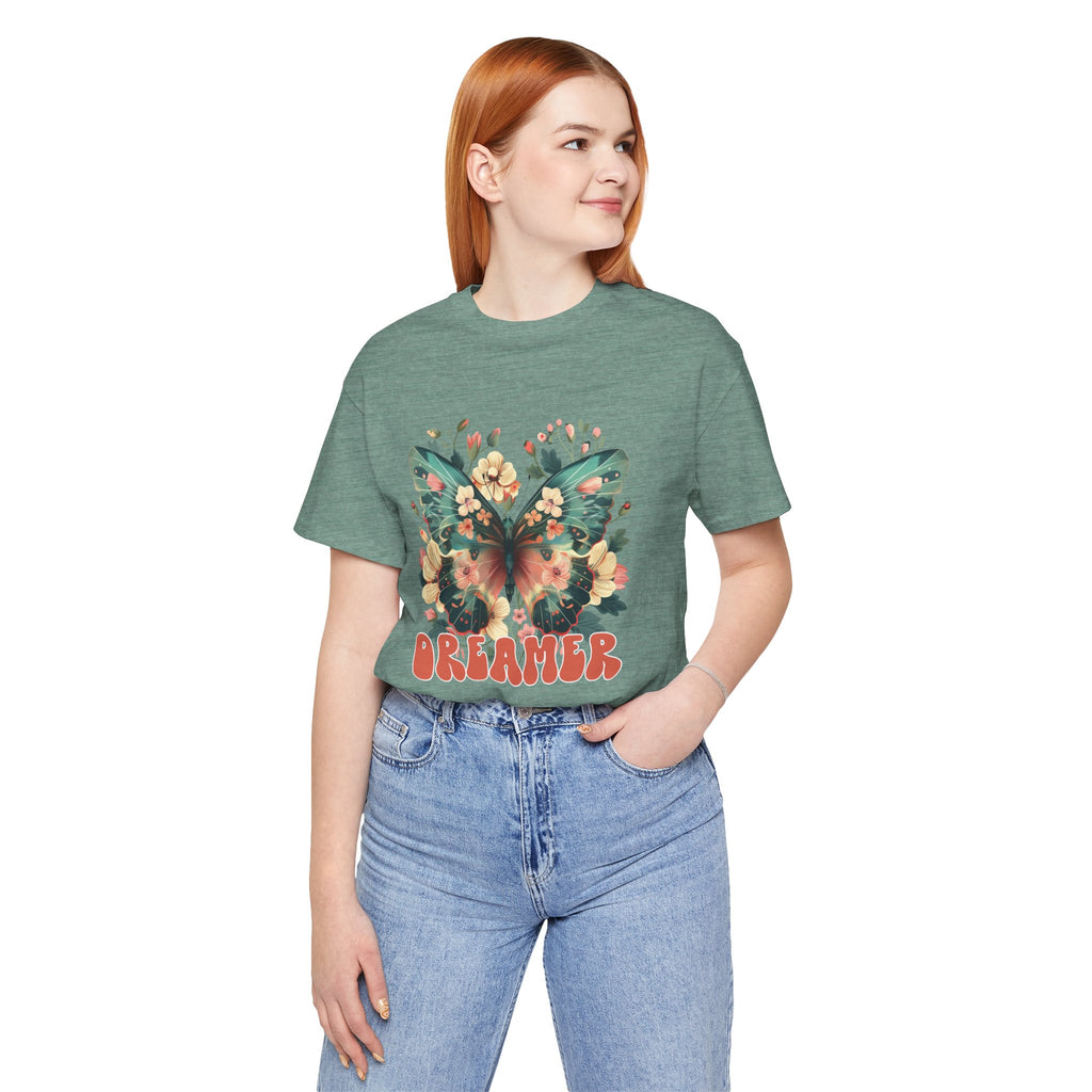 Dreamer Butterfly Unisex Tee, Bohemian Style Shirt, Floral Graphic T-Shirt, Gift for Nature Lovers, Spring Fashion Must-Have