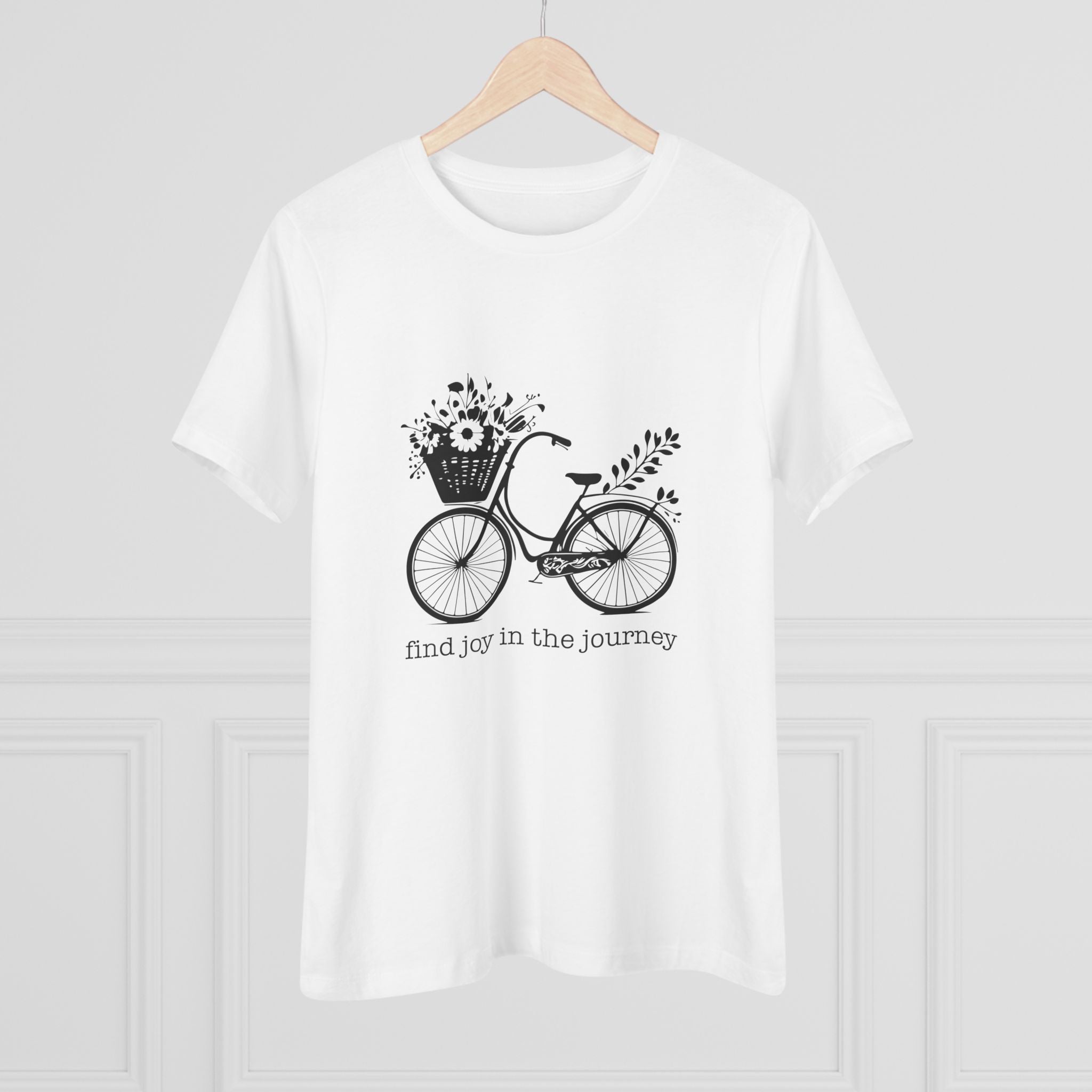 Bicycle and Flowers Joyful Journey Cotton Tee, "Find Joy in the Journey" Casual Tee, Graphic T-Shirt, Gift for Adventurers, Nature Lover Shirt, Inspirational Apparel